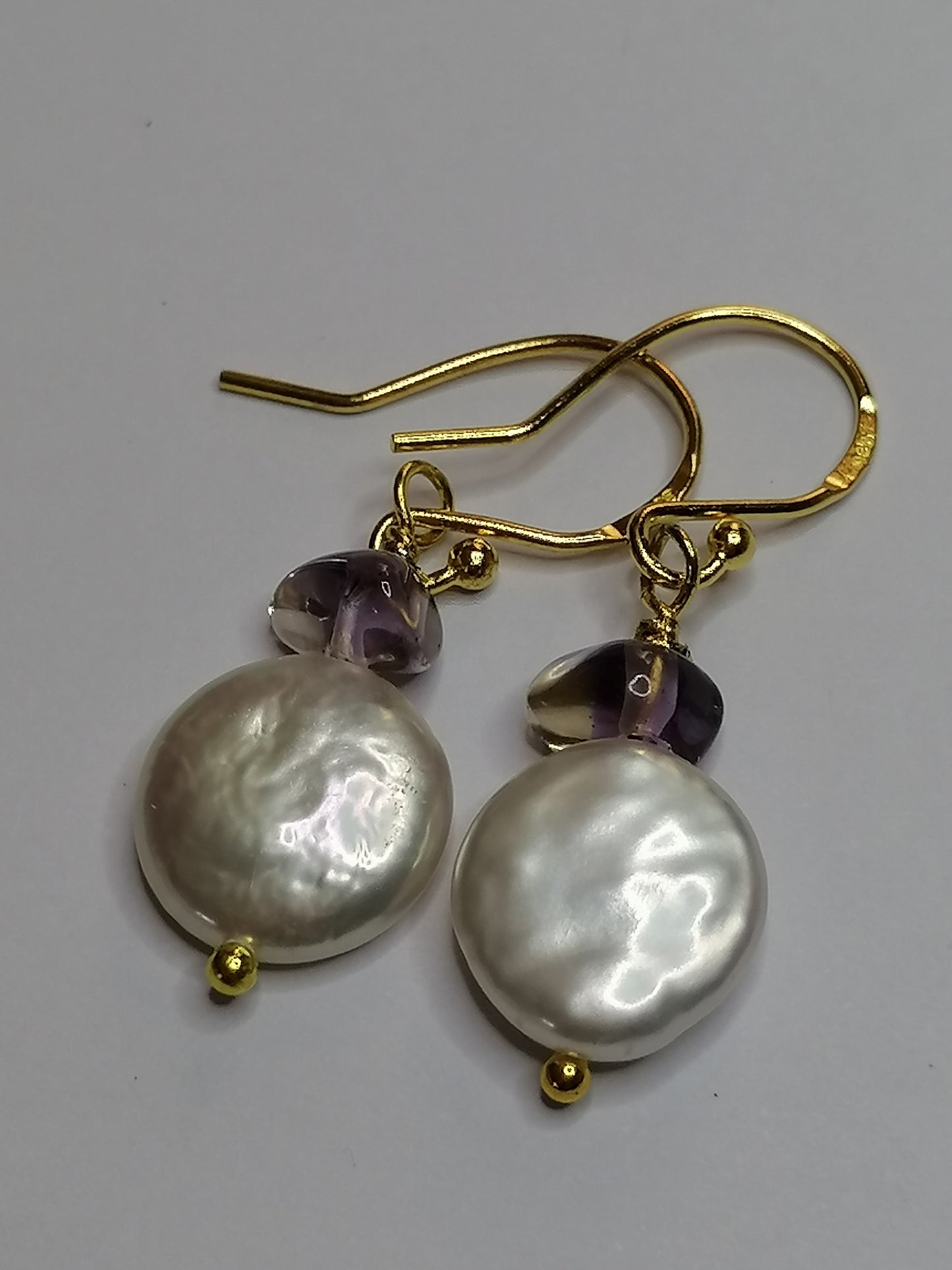 24ct Gold Vermeil 925 Sterling silver Cultured Freshwater Coin Pearl Earrings Rose De France Amethyst 418