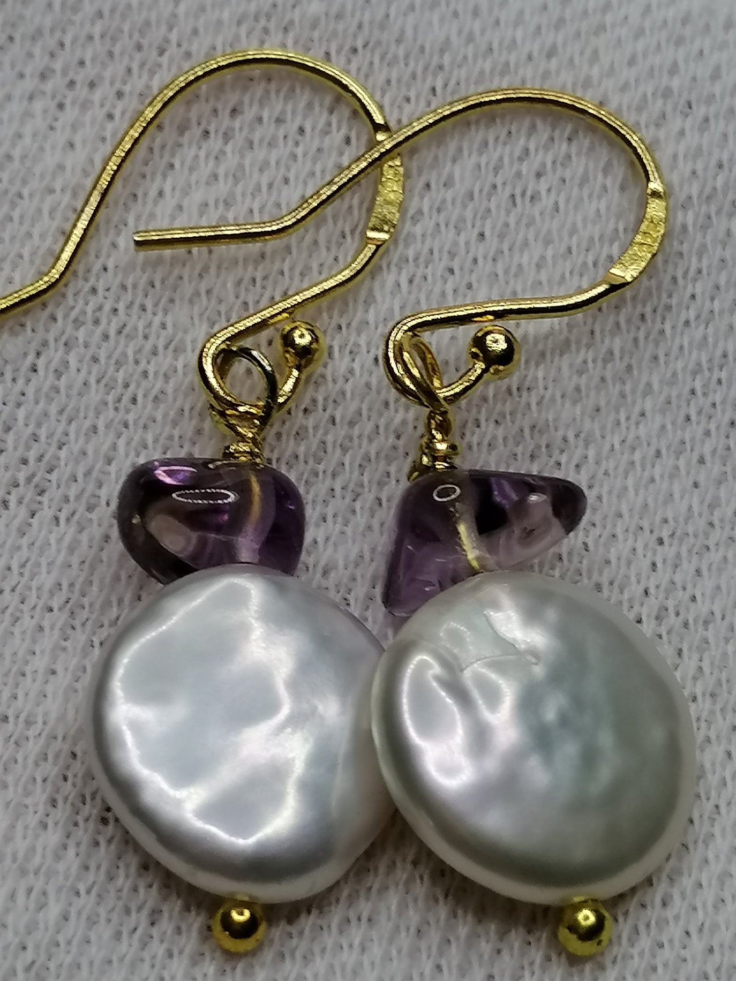 24ct Gold Vermeil 925 Sterling silver Cultured Freshwater Coin Pearl Earrings Rose De France Amethyst 418