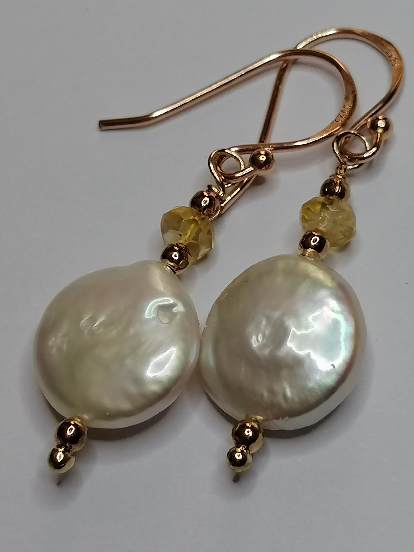 24ct Rose Gold Vermeil 925 Sterling silver Cultured Freshwater Coin Pearl Earrings with Citrine Gemstone 955