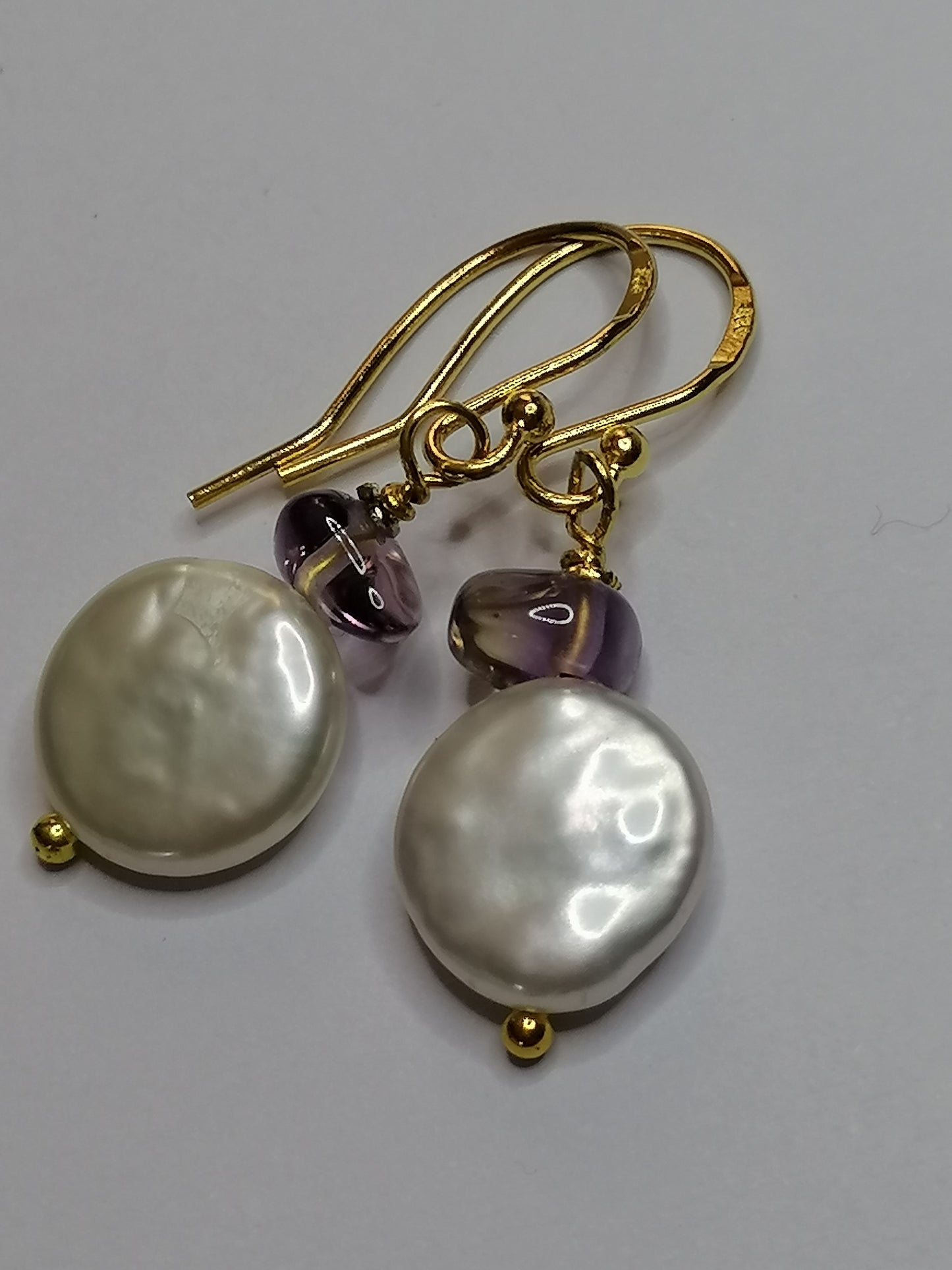 24ct Gold Vermeil 925 Sterling silver Cultured Freshwater Coin Pearl Earrings Rose De France Amethyst 418