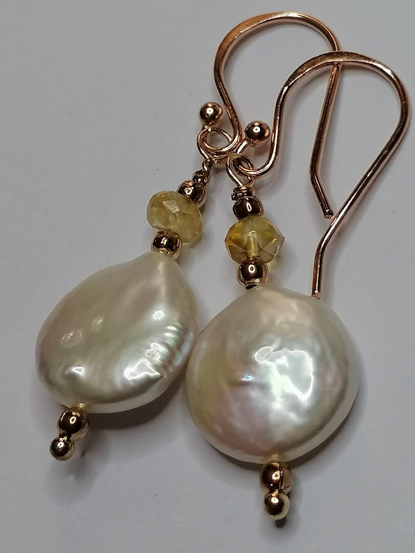 24ct Rose Gold Vermeil 925 Sterling silver Cultured Freshwater Coin Pearl Earrings with Citrine Gemstone 955