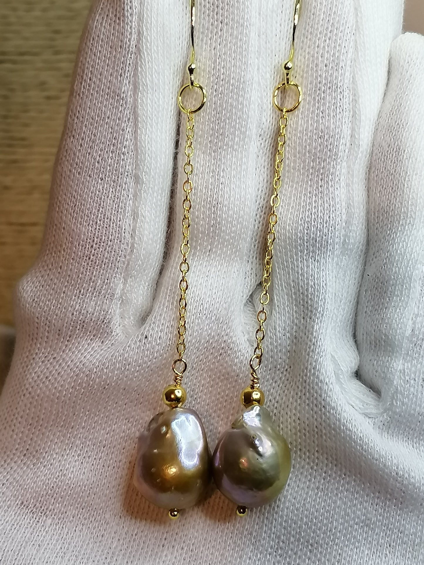 24ct Gold Vermeil 925 Sterling silver Cultured Freshwater Kasumi Pearl chain drop earrings 478