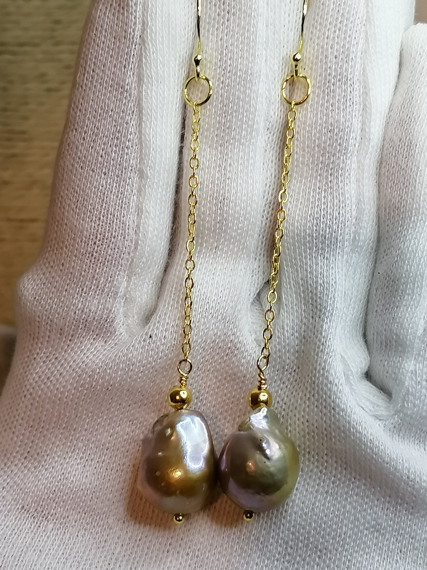 24ct Gold Vermeil 925 Sterling silver Cultured Freshwater Kasumi Pearl chain drop earrings 478