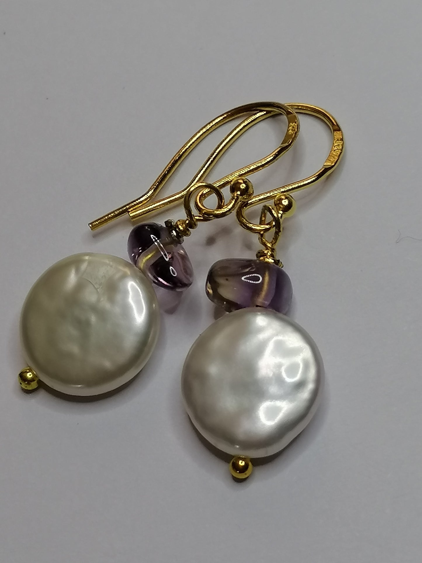 24ct Gold Vermeil 925 Sterling silver Cultured Freshwater Coin Pearl Earrings Rose De France Amethyst 418