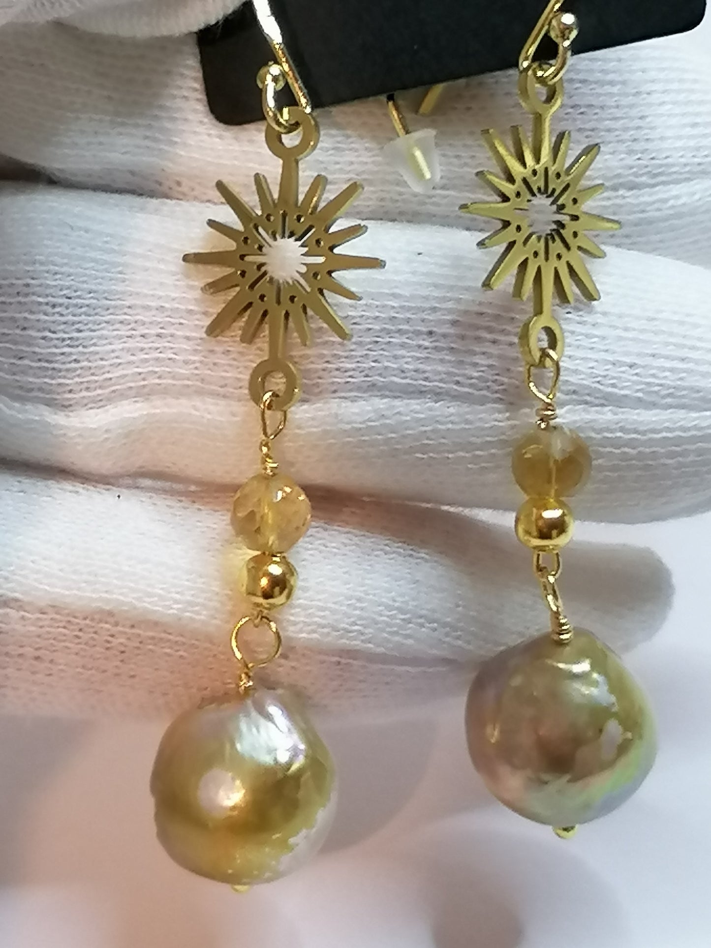 24ct Gold Vermeil 925 Sterling silver Cultured Freshwater Kasumi Pearl earrings Sunburst with Citrine 893