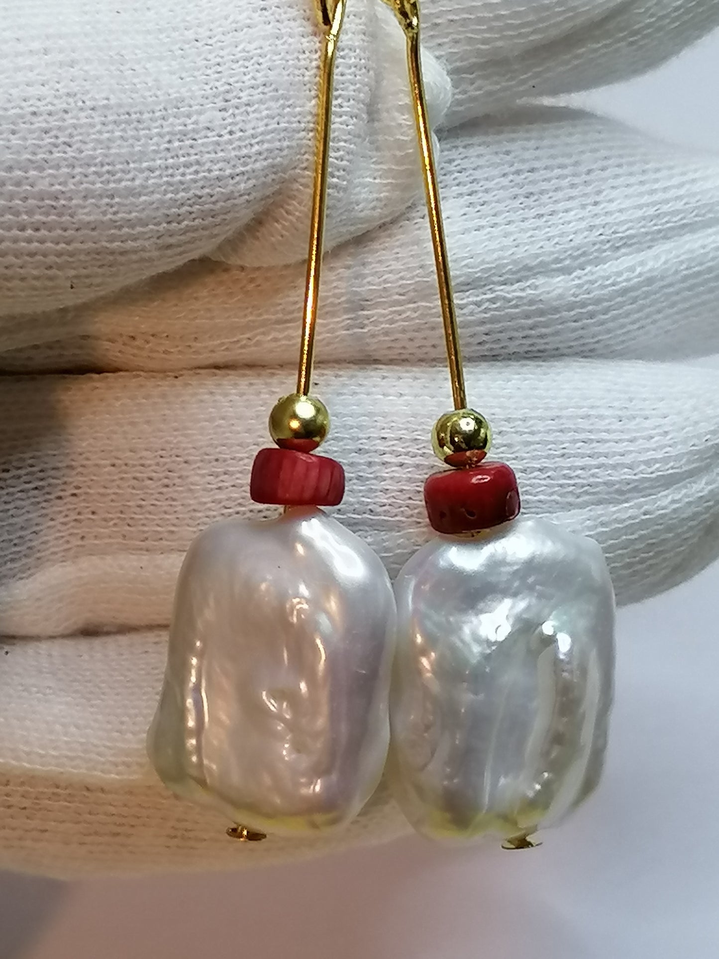 24ct Gold Vermeil 925 Sterling Silver Cultured Baroque Rectangle Pearl & Red Coral Earrings 888