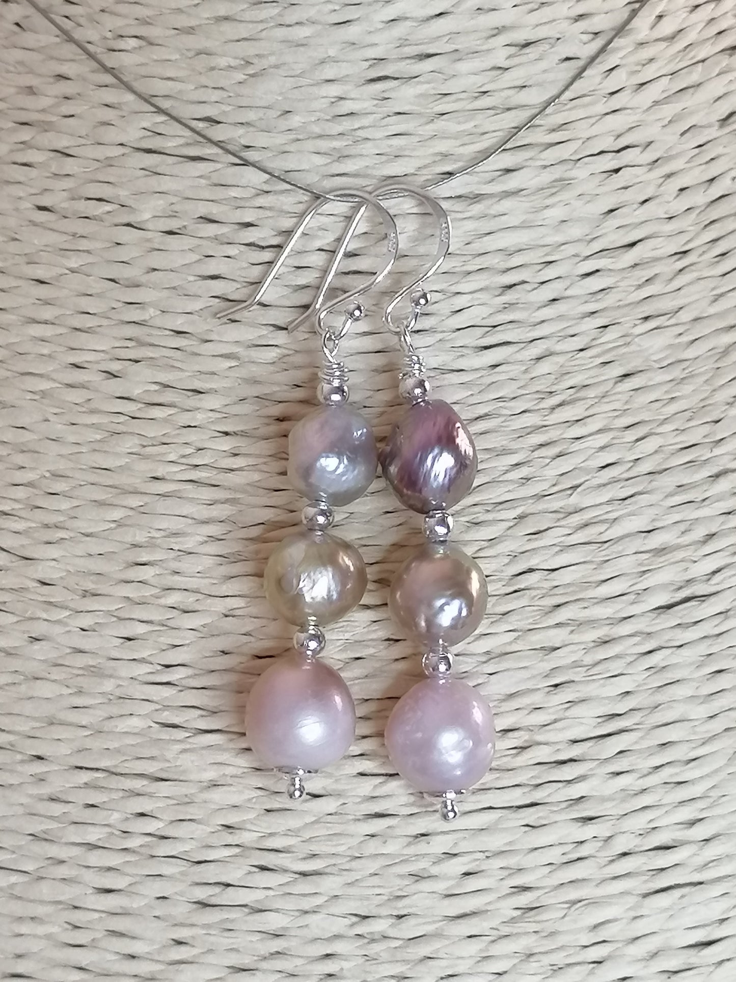 925 Sterling Silver Stacked Cultured Freshwater Kasumi Pearl Drop Earrings 924