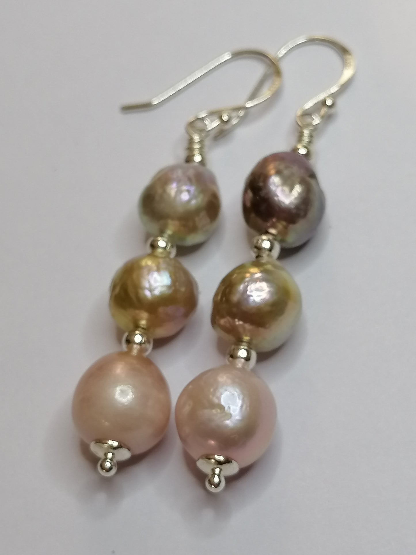 925 Sterling Silver Stacked Cultured Freshwater Kasumi Pearl Drop Earrings 924