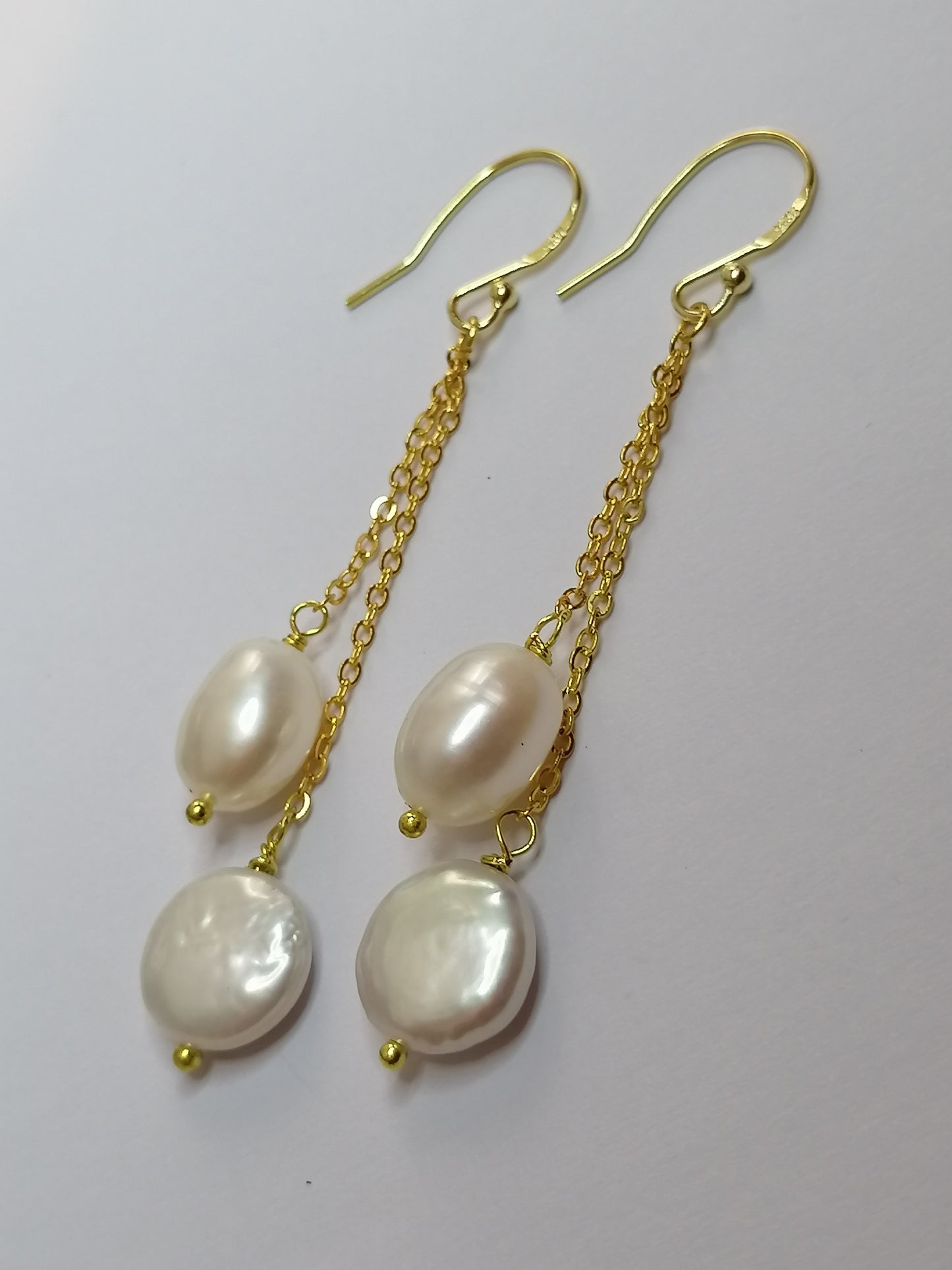 24ct Gold Vermeil 925 Sterling silver Cultured Freshwater Coin Pearl Earrings chain drop 879