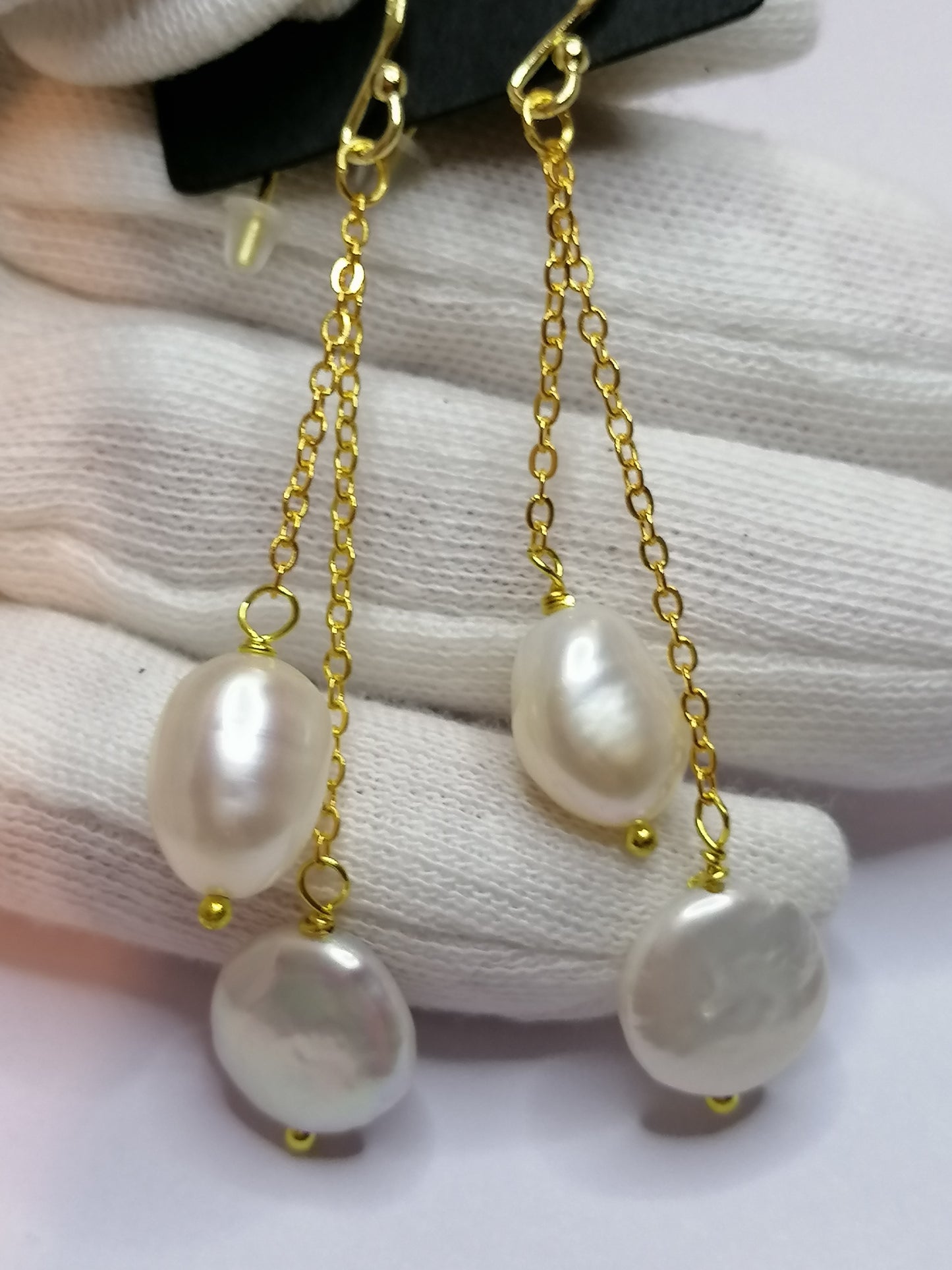 24ct Gold Vermeil 925 Sterling silver Cultured Freshwater Coin Pearl Earrings chain drop 879