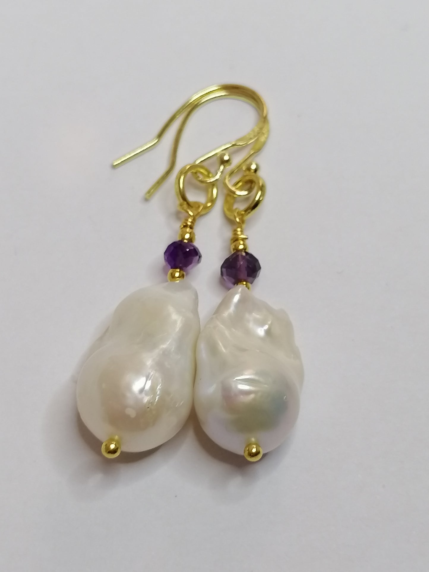 24ct Gold Vermeil 925 Sterling Silver Cultured Freshwater Pearl Earrings Baroque Flameball with Amethyst 828