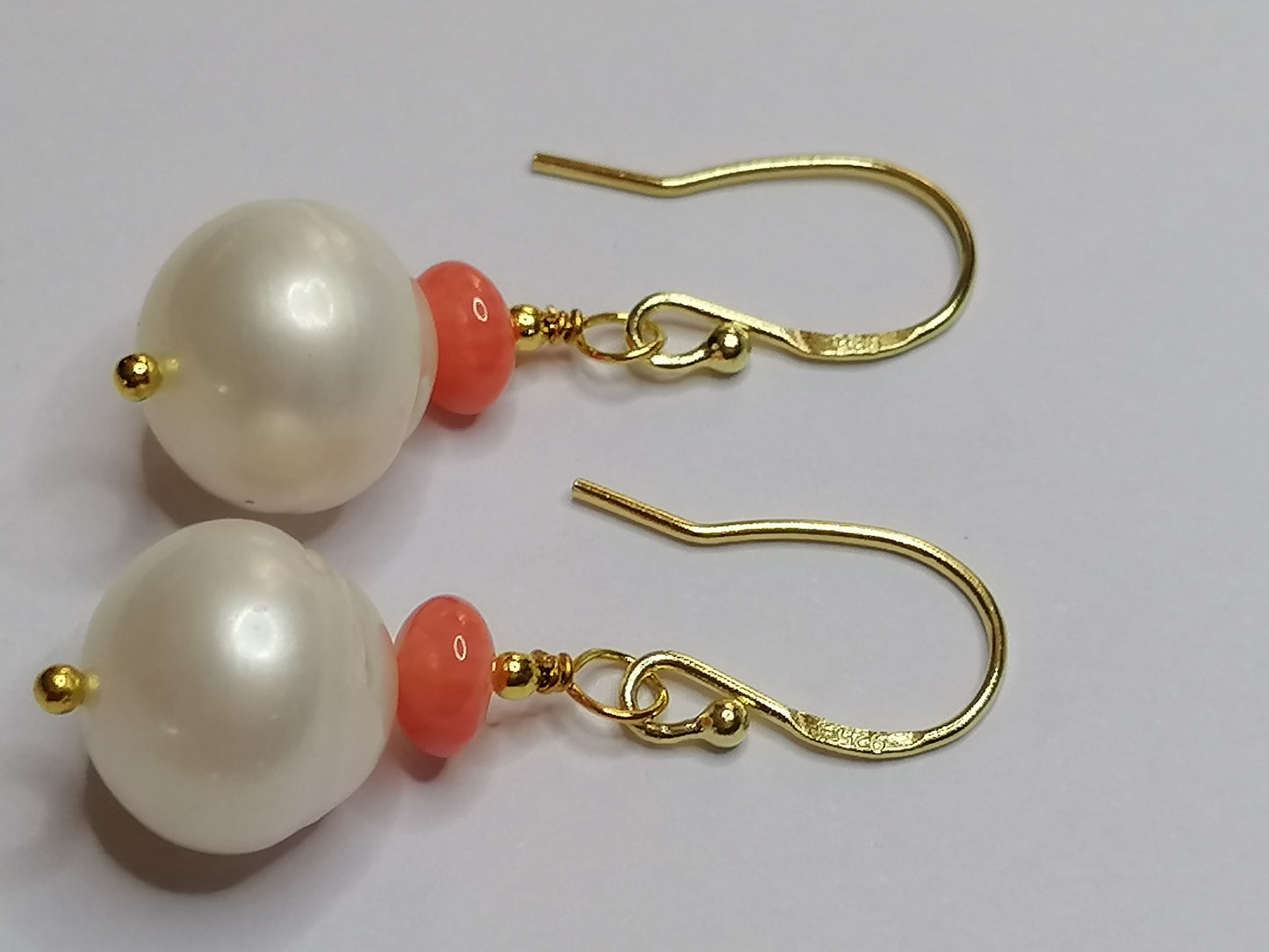 24ct Gold Vermeil 925 Sterling silver Cultured Freshwater Baroque Pearl Earrings with Pink Coral 950