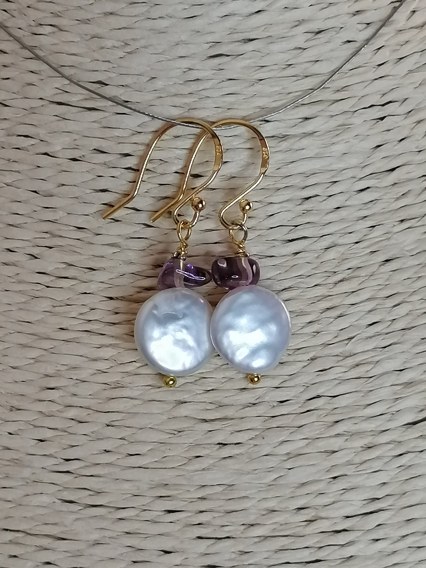 24ct Gold Vermeil 925 Sterling silver Cultured Freshwater Coin Pearl Earrings Rose De France Amethyst 418