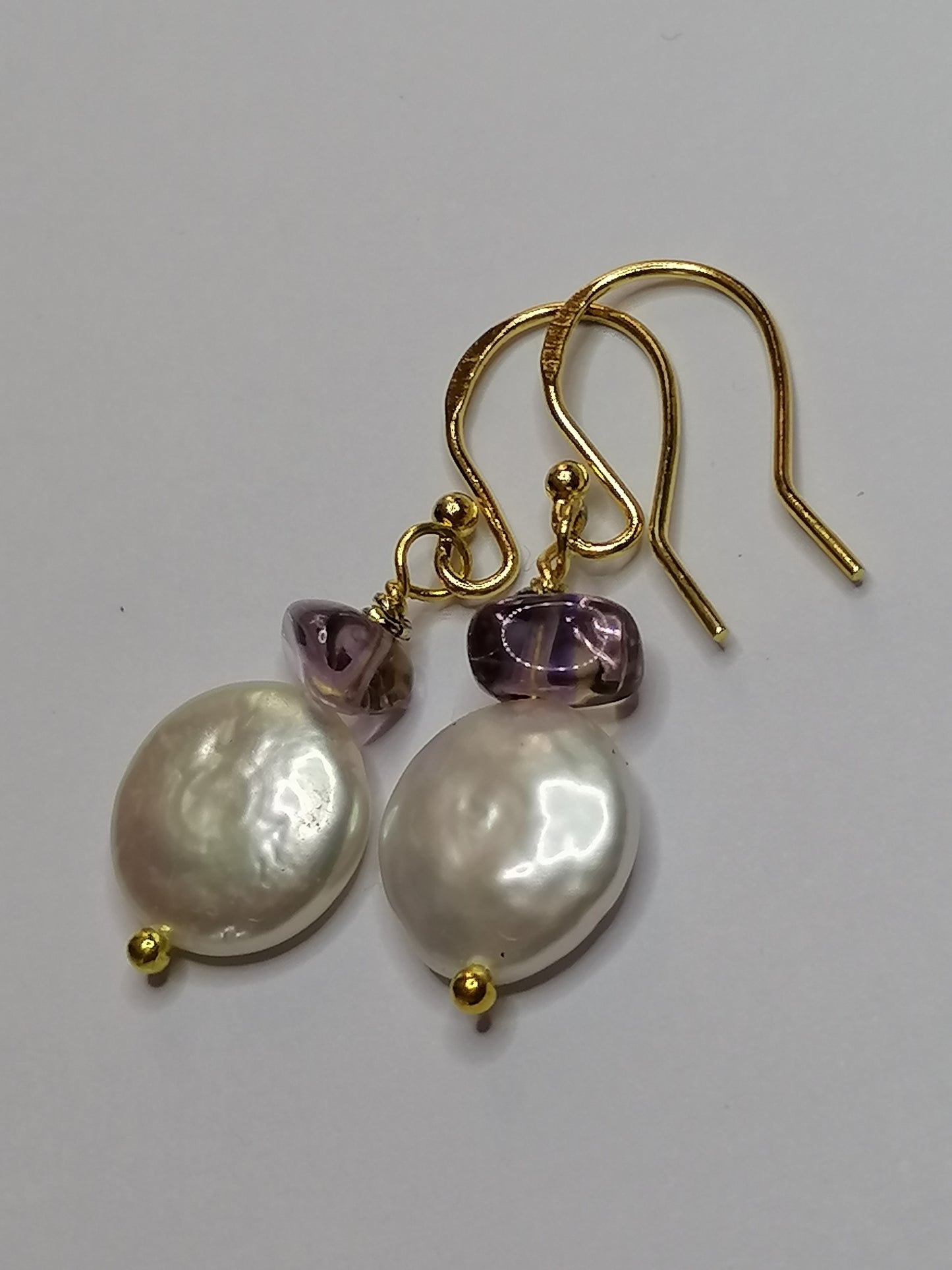 24ct Gold Vermeil 925 Sterling silver Cultured Freshwater Coin Pearl Earrings Rose De France Amethyst 418