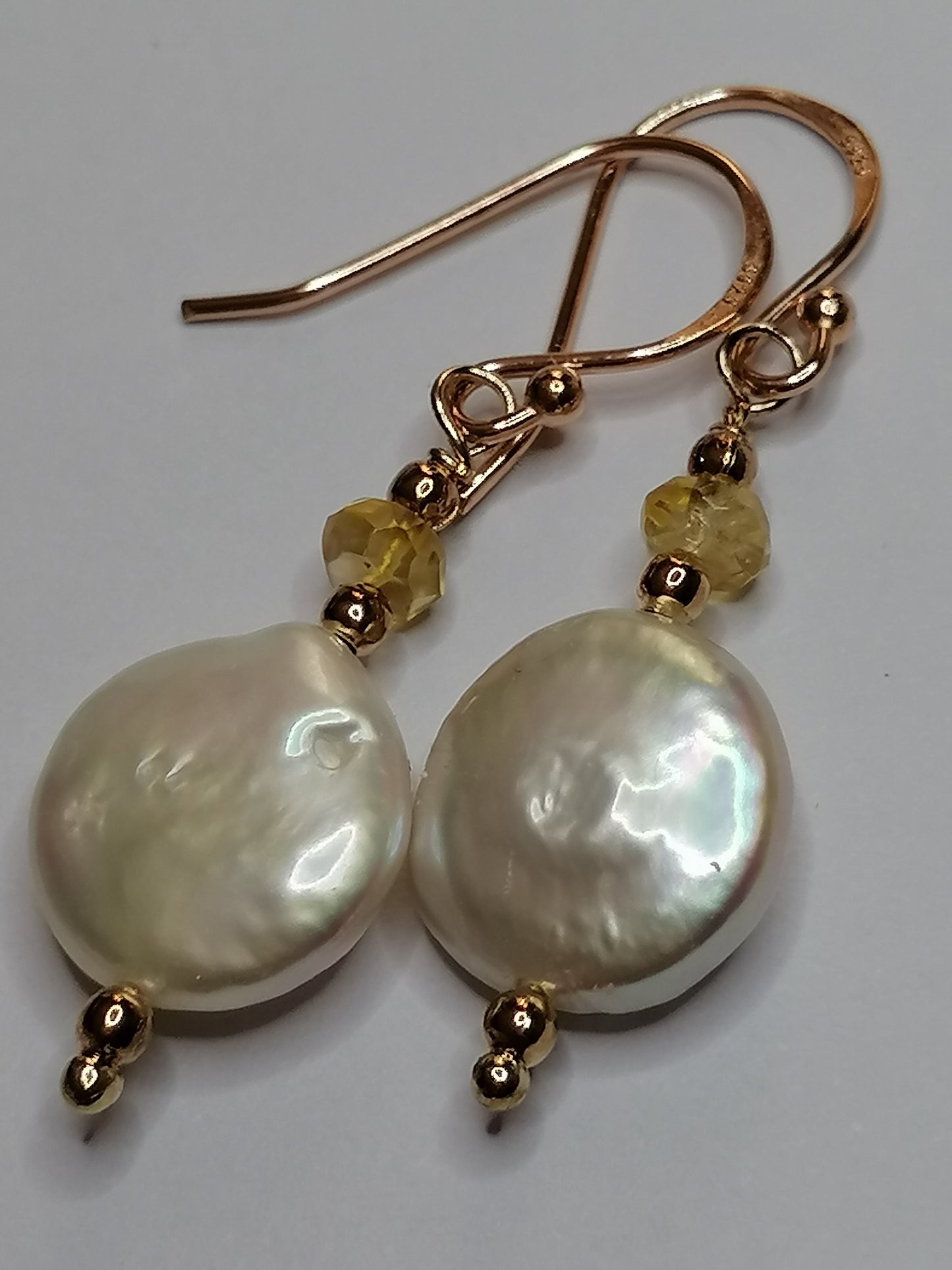 24ct Rose Gold Vermeil 925 Sterling silver Cultured Freshwater Coin Pearl Earrings with Citrine Gemstone 955