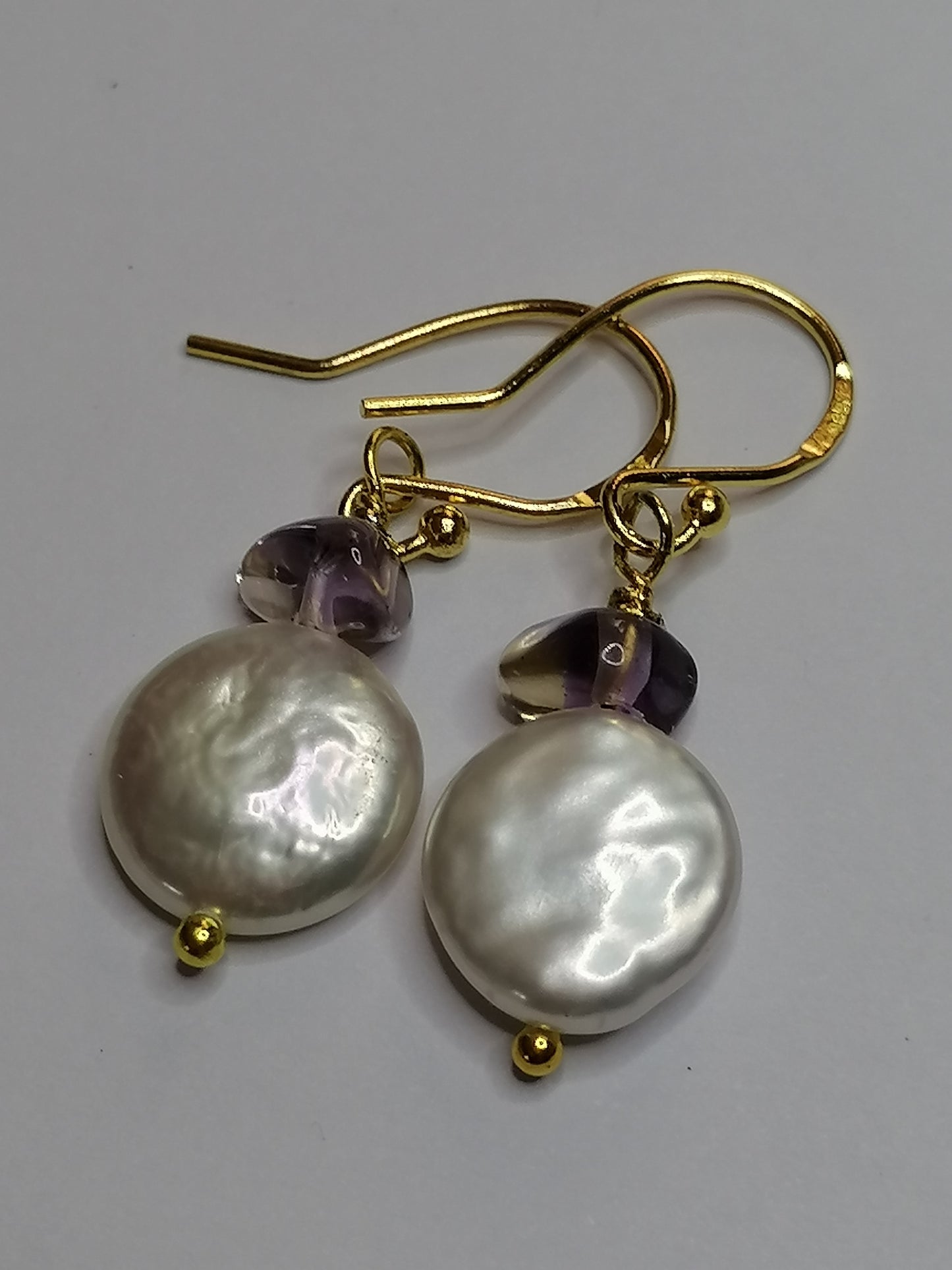 24ct Gold Vermeil 925 Sterling silver Cultured Freshwater Coin Pearl Earrings Rose De France Amethyst 418