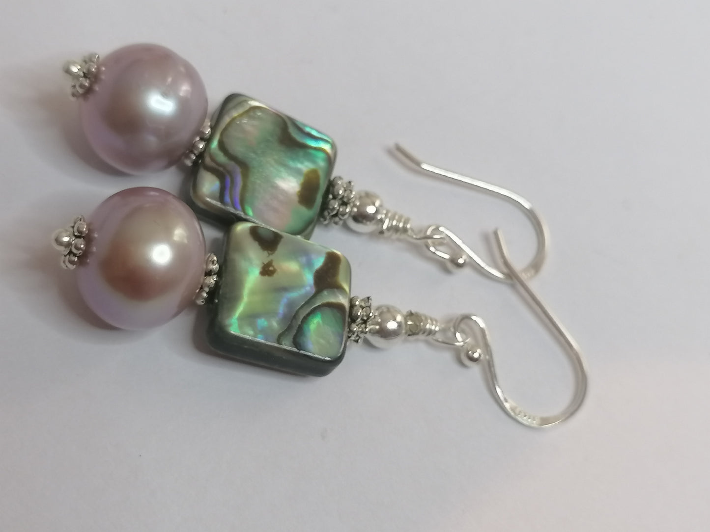 925 Sterling Silver Cultured Edison Pearl & Abalone Paua Shell Earrings 930