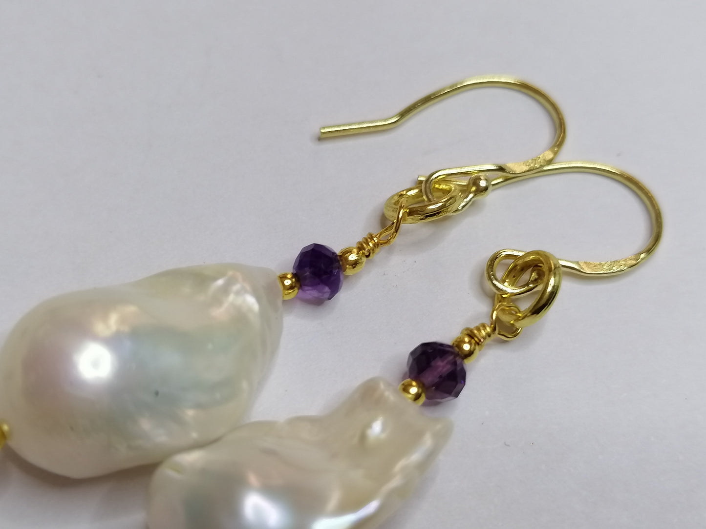 24ct Gold Vermeil 925 Sterling Silver Cultured Freshwater Pearl Earrings Baroque Flameball with Amethyst 828