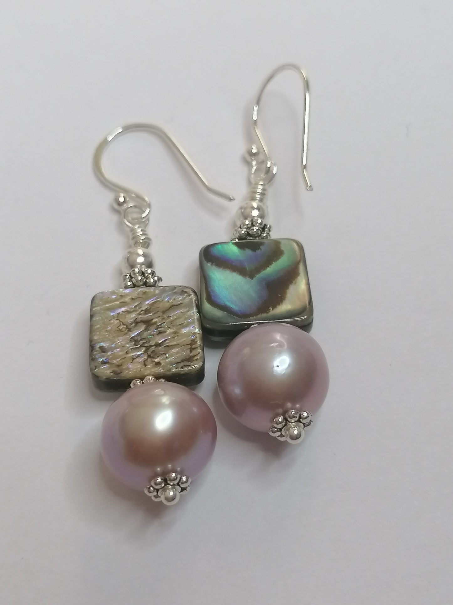 925 Sterling Silver Cultured Edison Pearl & Abalone Paua Shell Earrings 930