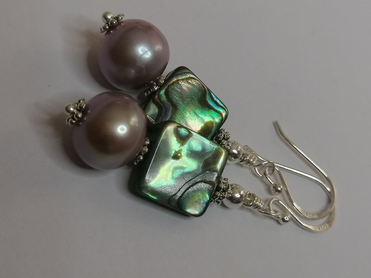 925 Sterling Silver Cultured Edison Pearl & Abalone Paua Shell Earrings 930