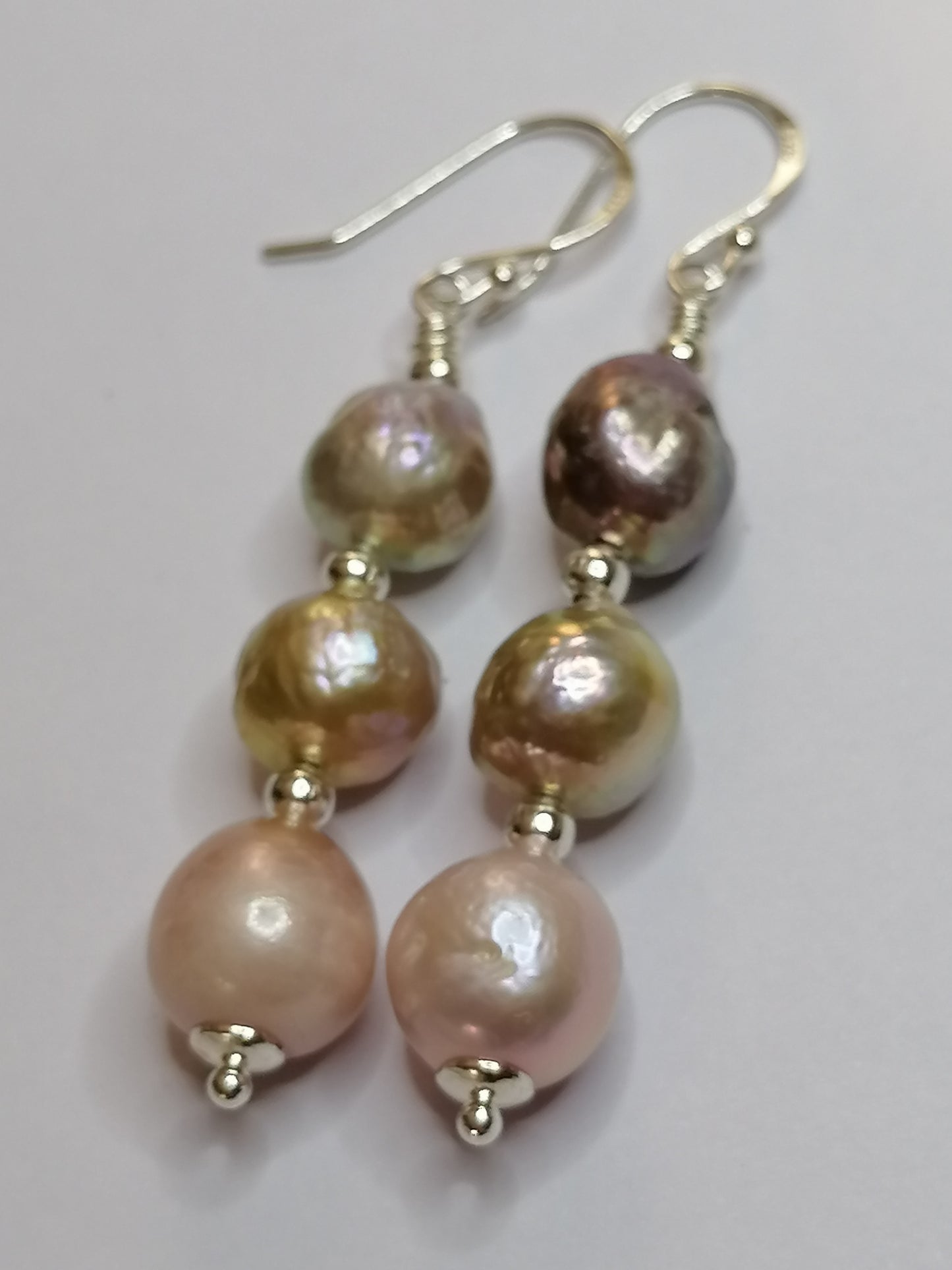 925 Sterling Silver Stacked Cultured Freshwater Kasumi Pearl Drop Earrings 924