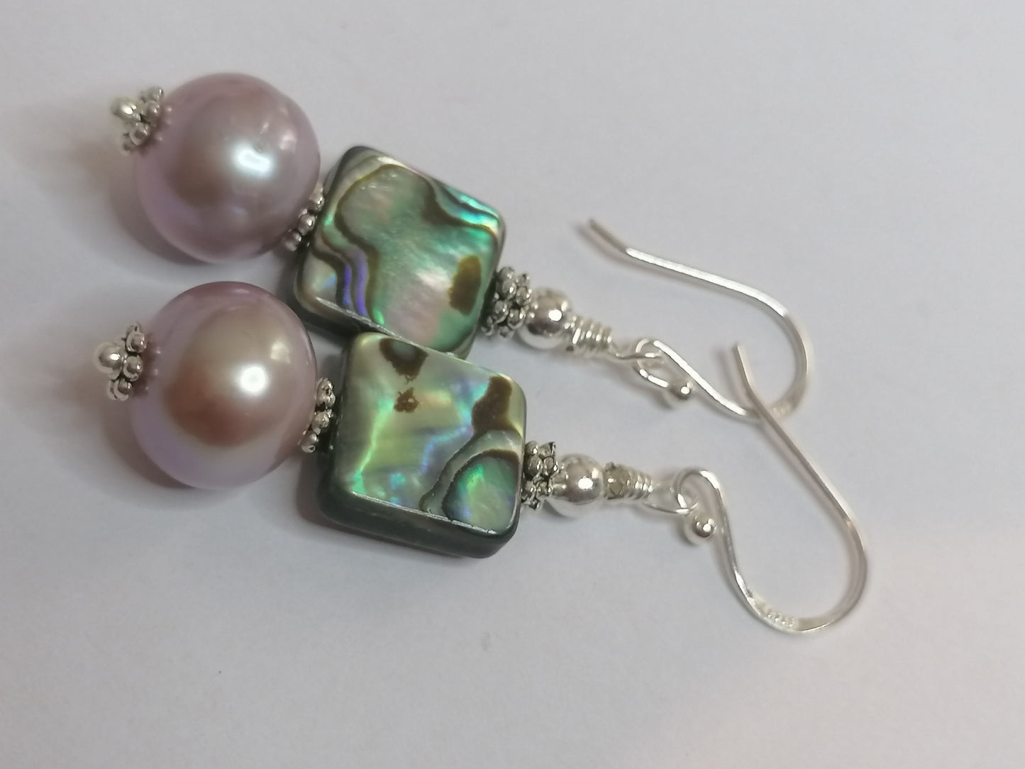 925 Sterling Silver Cultured Edison Pearl & Abalone Paua Shell Earrings 930