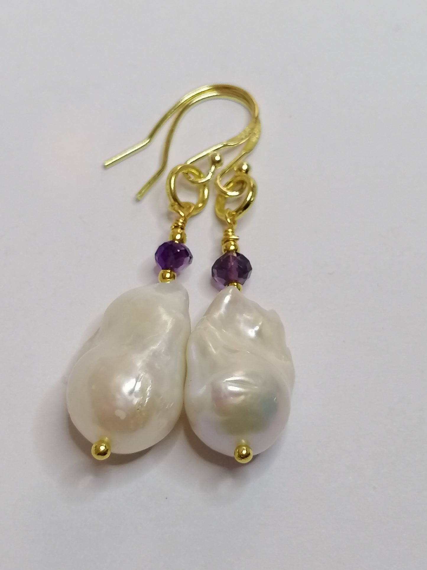 24ct Gold Vermeil 925 Sterling Silver Cultured Freshwater Pearl Earrings Baroque Flameball with Amethyst 828