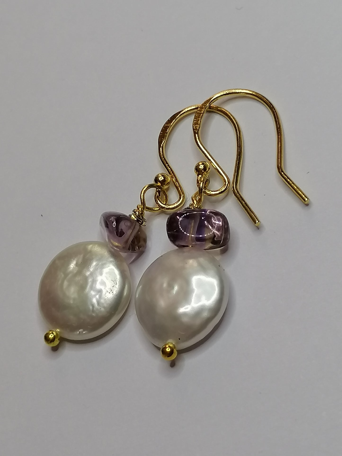 24ct Gold Vermeil 925 Sterling silver Cultured Freshwater Coin Pearl Earrings Rose De France Amethyst 418