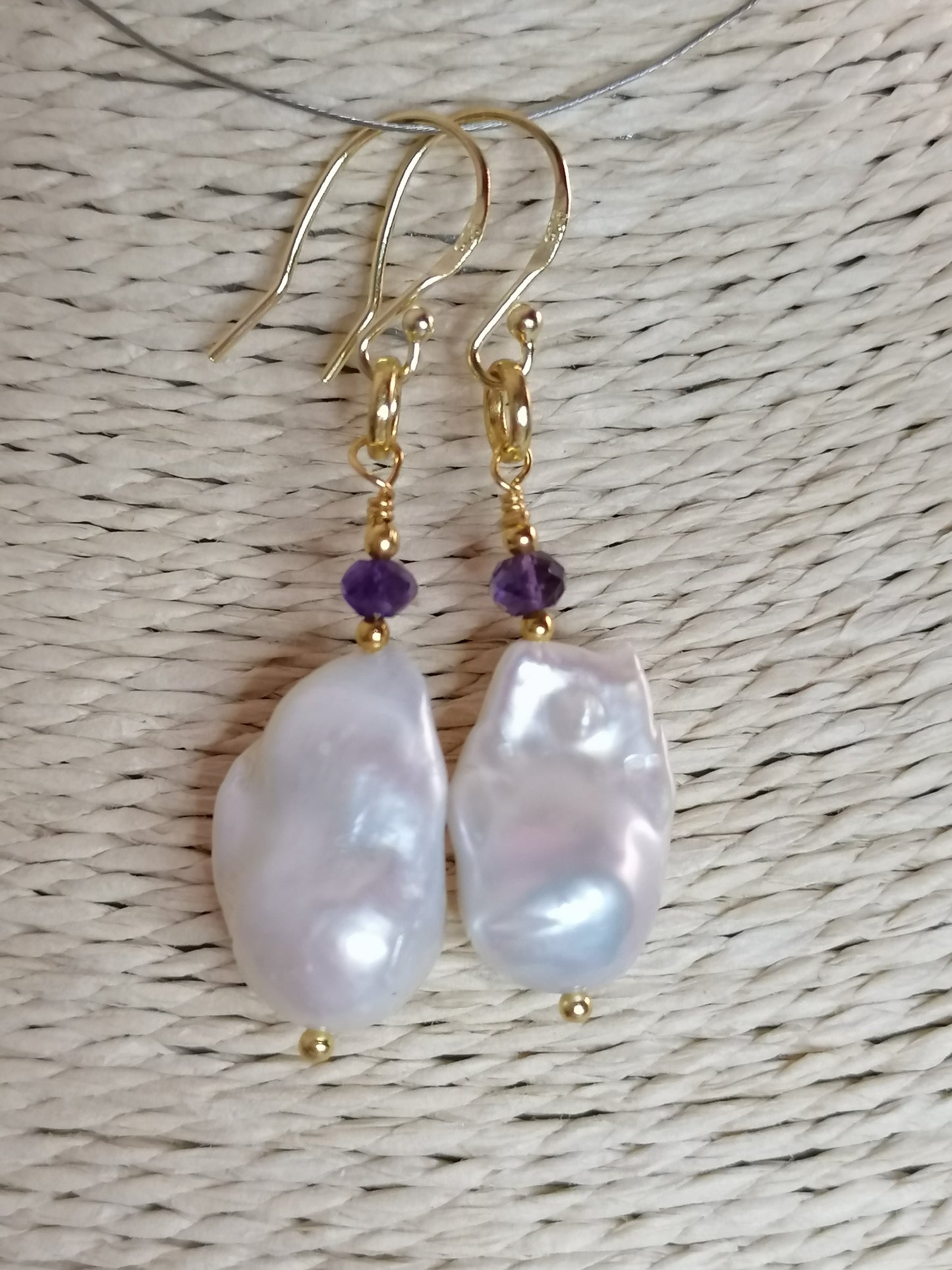 24ct Gold Vermeil 925 Sterling Silver Cultured Freshwater Pearl Earrings Baroque Flameball with Amethyst 828