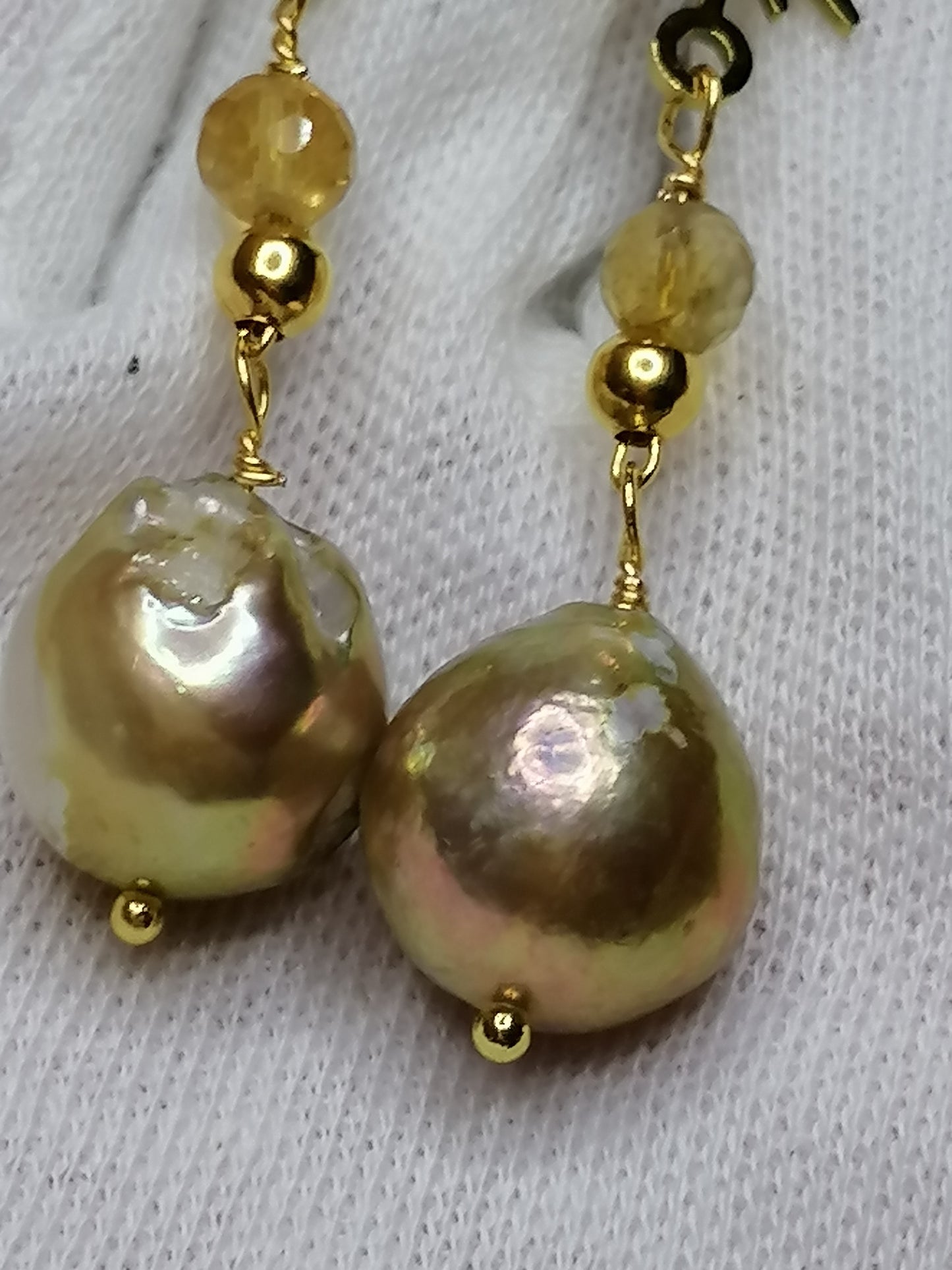 24ct Gold Vermeil 925 Sterling silver Cultured Freshwater Kasumi Pearl earrings Sunburst with Citrine 893