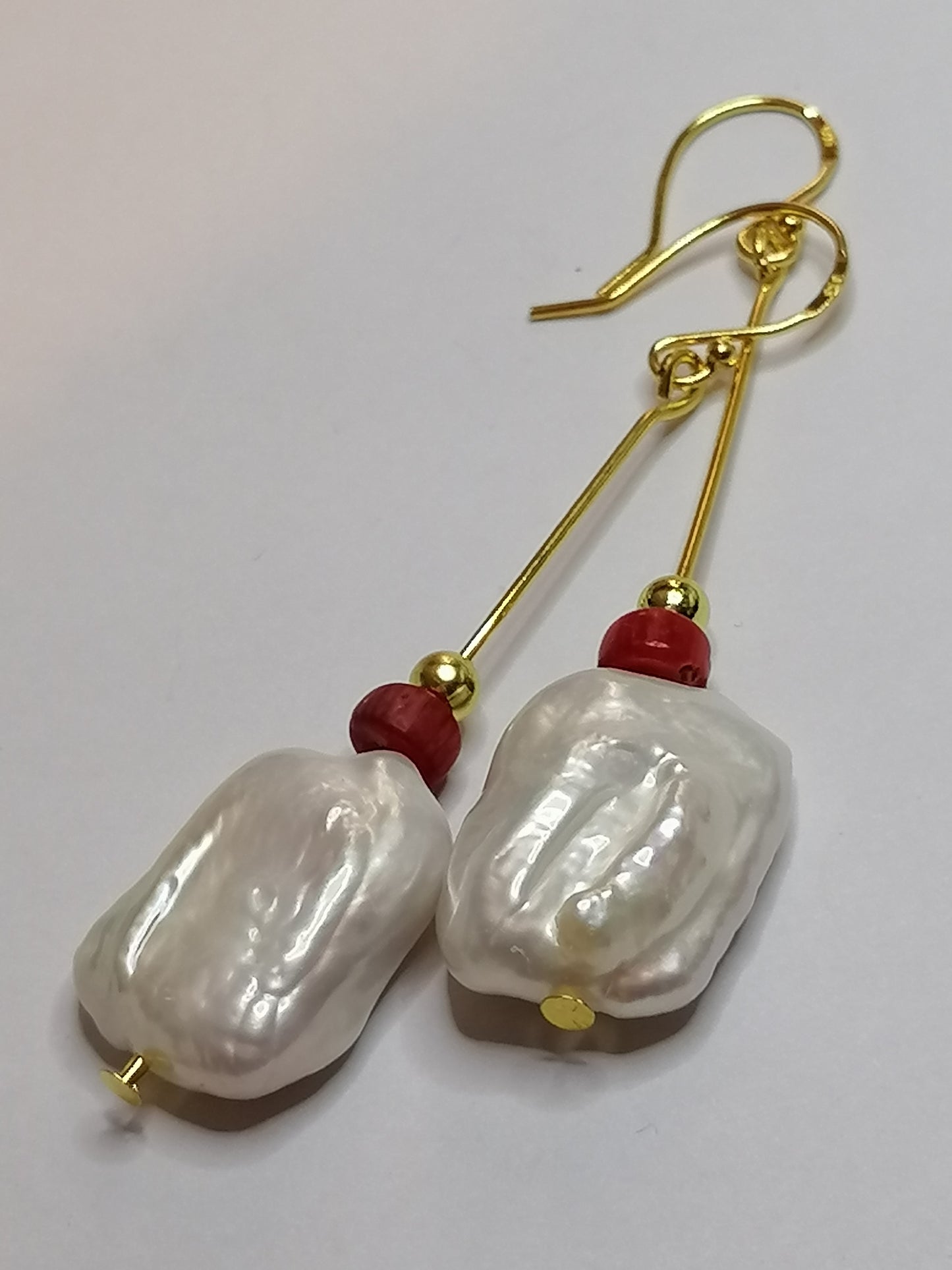 24ct Gold Vermeil 925 Sterling Silver Cultured Baroque Rectangle Pearl & Red Coral Earrings 888