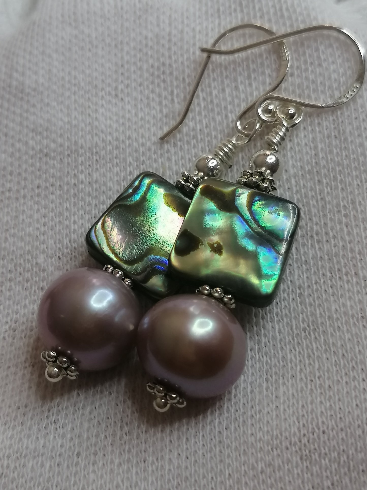 925 Sterling Silver Cultured Edison Pearl & Abalone Paua Shell Earrings 930