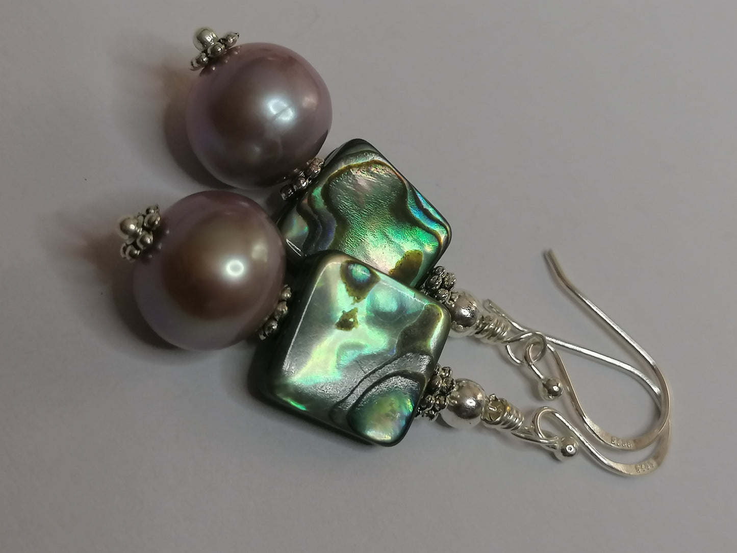 925 Sterling Silver Cultured Edison Pearl & Abalone Paua Shell Earrings 930