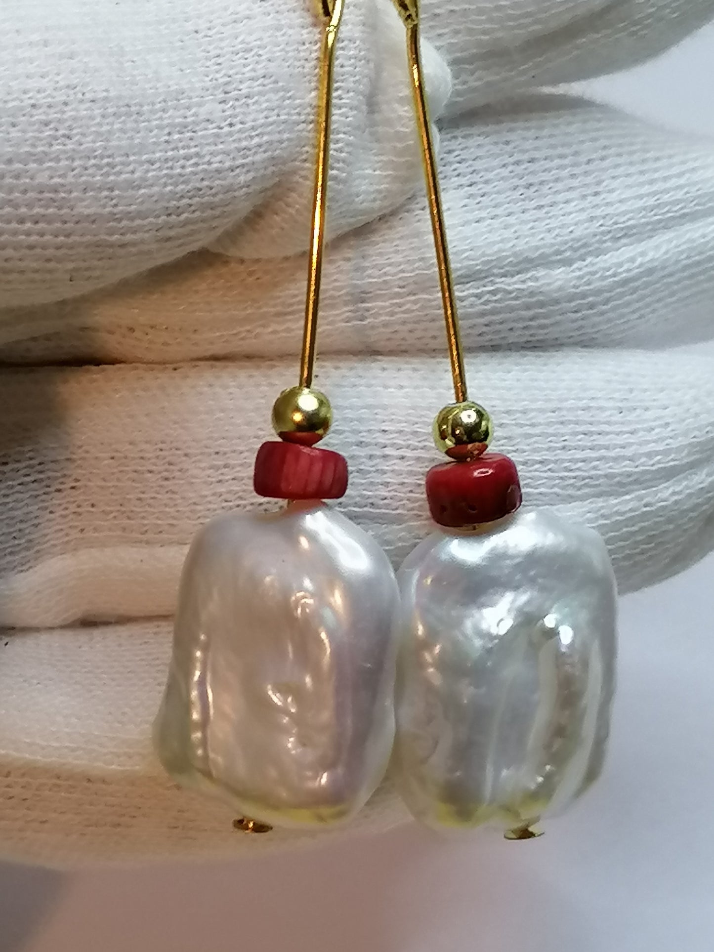 24ct Gold Vermeil 925 Sterling Silver Cultured Baroque Rectangle Pearl & Red Coral Earrings 888