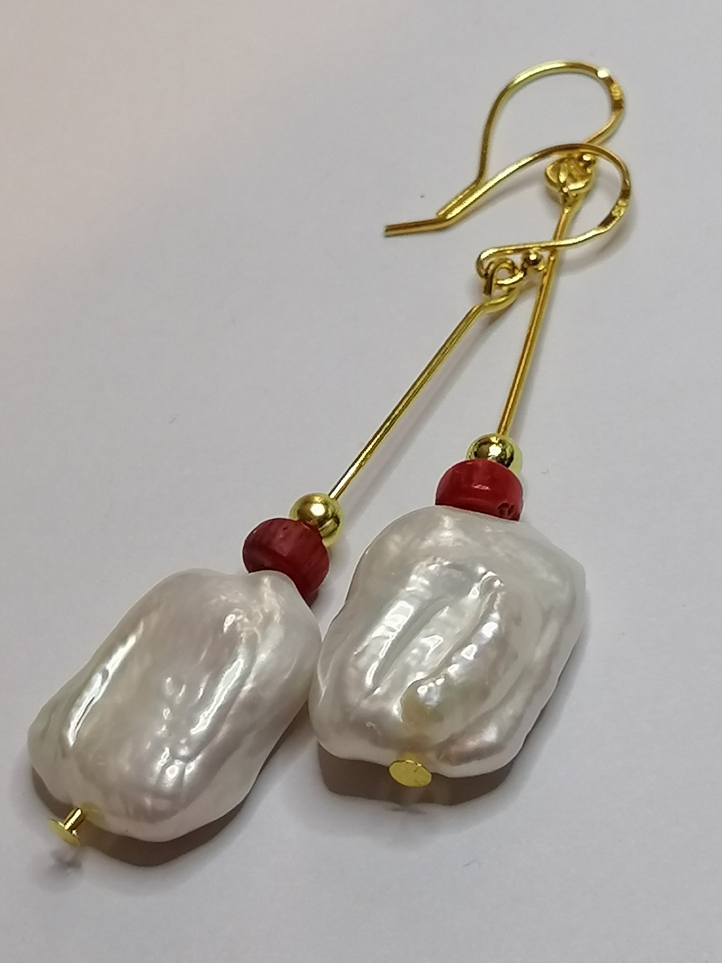 24ct Gold Vermeil 925 Sterling Silver Cultured Baroque Rectangle Pearl & Red Coral Earrings 888