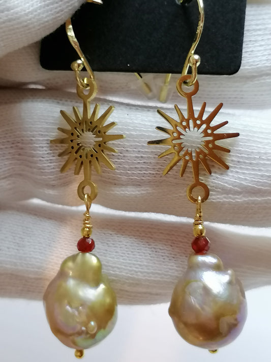 24ct Gold Vermeil 925 Sterling silver Cultured Freshwater Kasumi Pearl earrings Sunburst with Raw Ruby 832