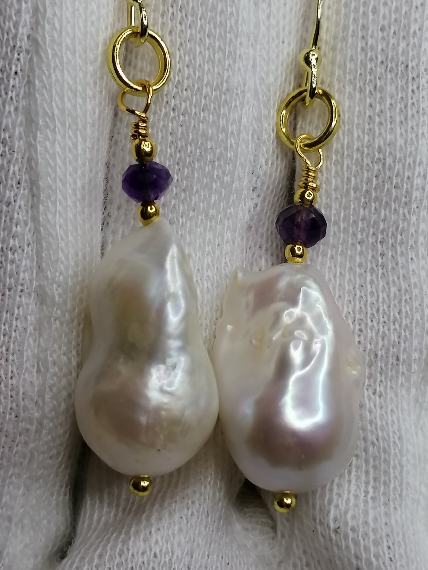 24ct Gold Vermeil 925 Sterling Silver Cultured Freshwater Pearl Earrings Baroque Flameball with Amethyst 828