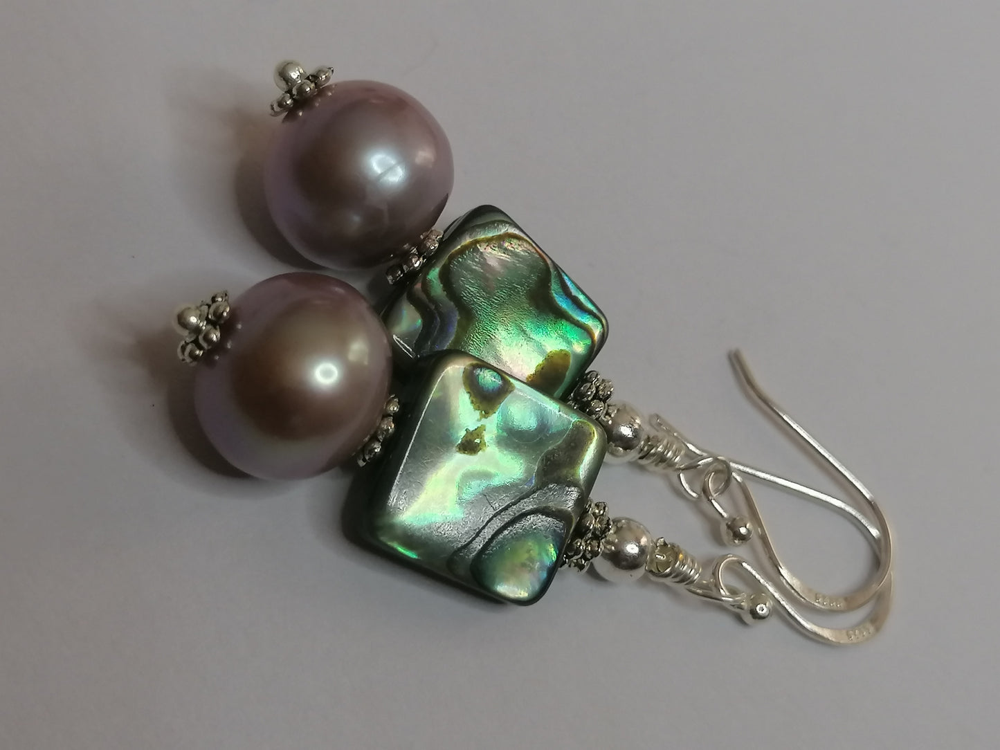 925 Sterling Silver Cultured Edison Pearl & Abalone Paua Shell Earrings 930