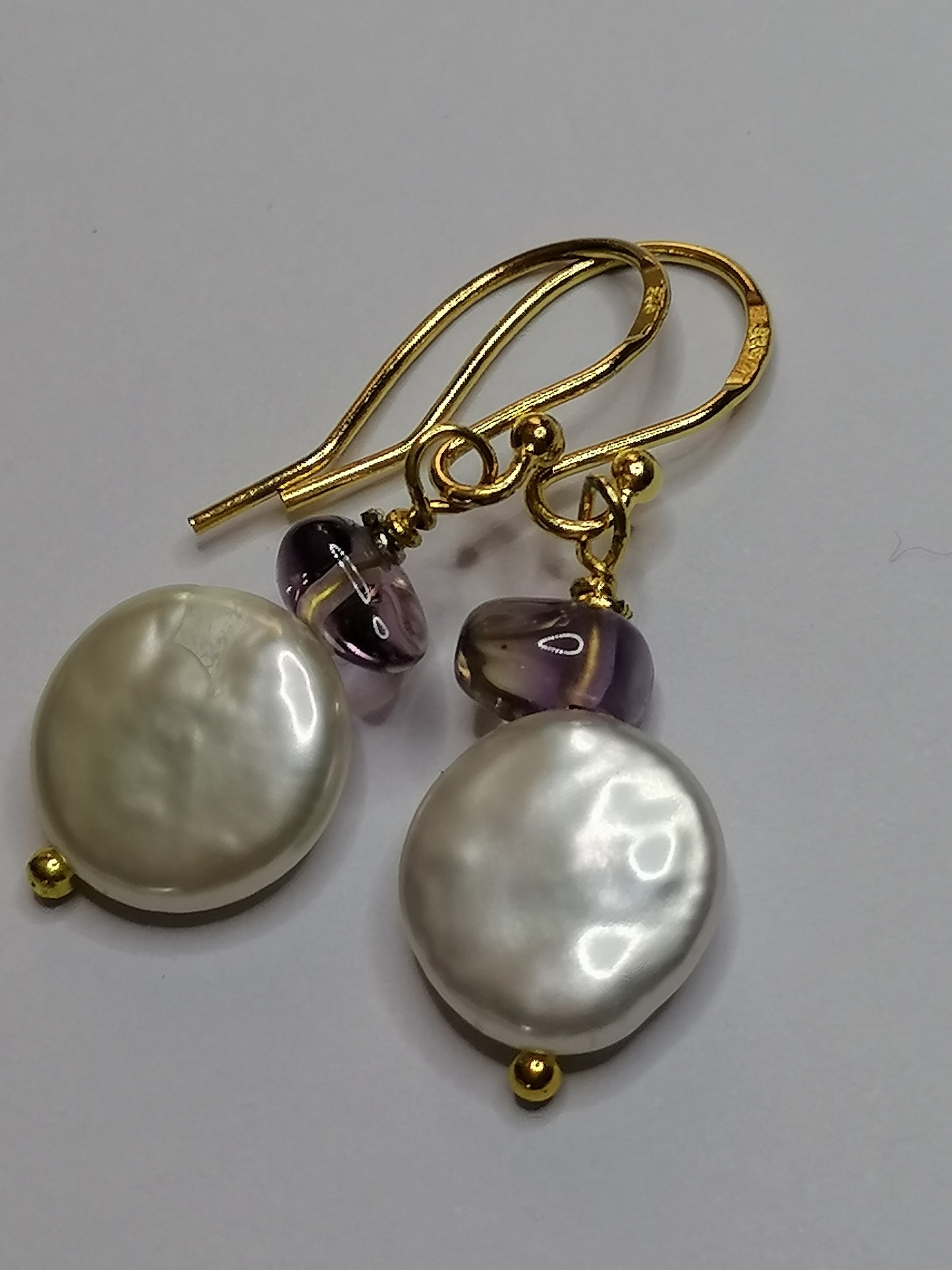 24ct Gold Vermeil 925 Sterling silver Cultured Freshwater Coin Pearl Earrings Rose De France Amethyst 418