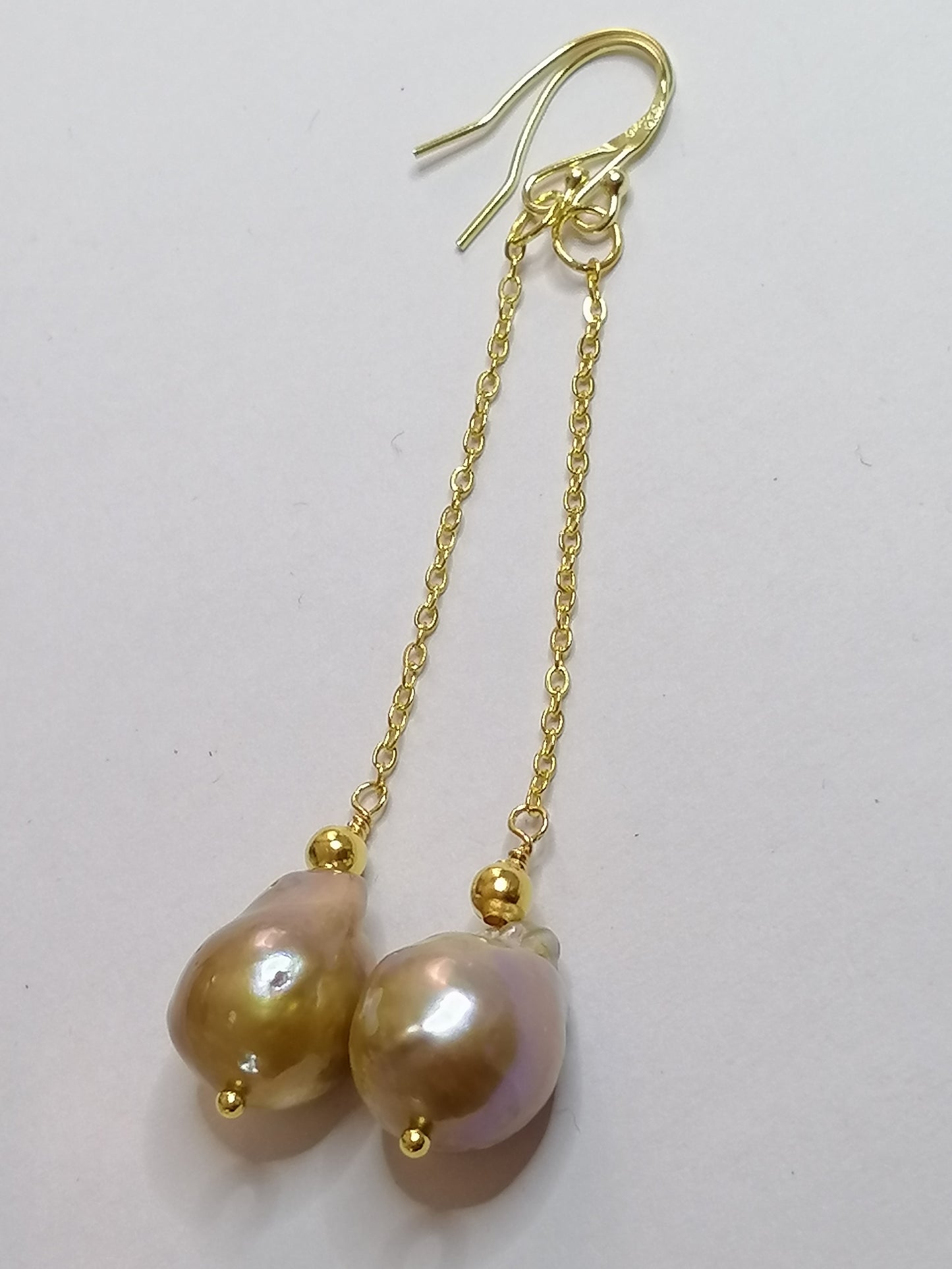 24ct Gold Vermeil 925 Sterling silver Cultured Freshwater Kasumi Pearl chain drop earrings 478