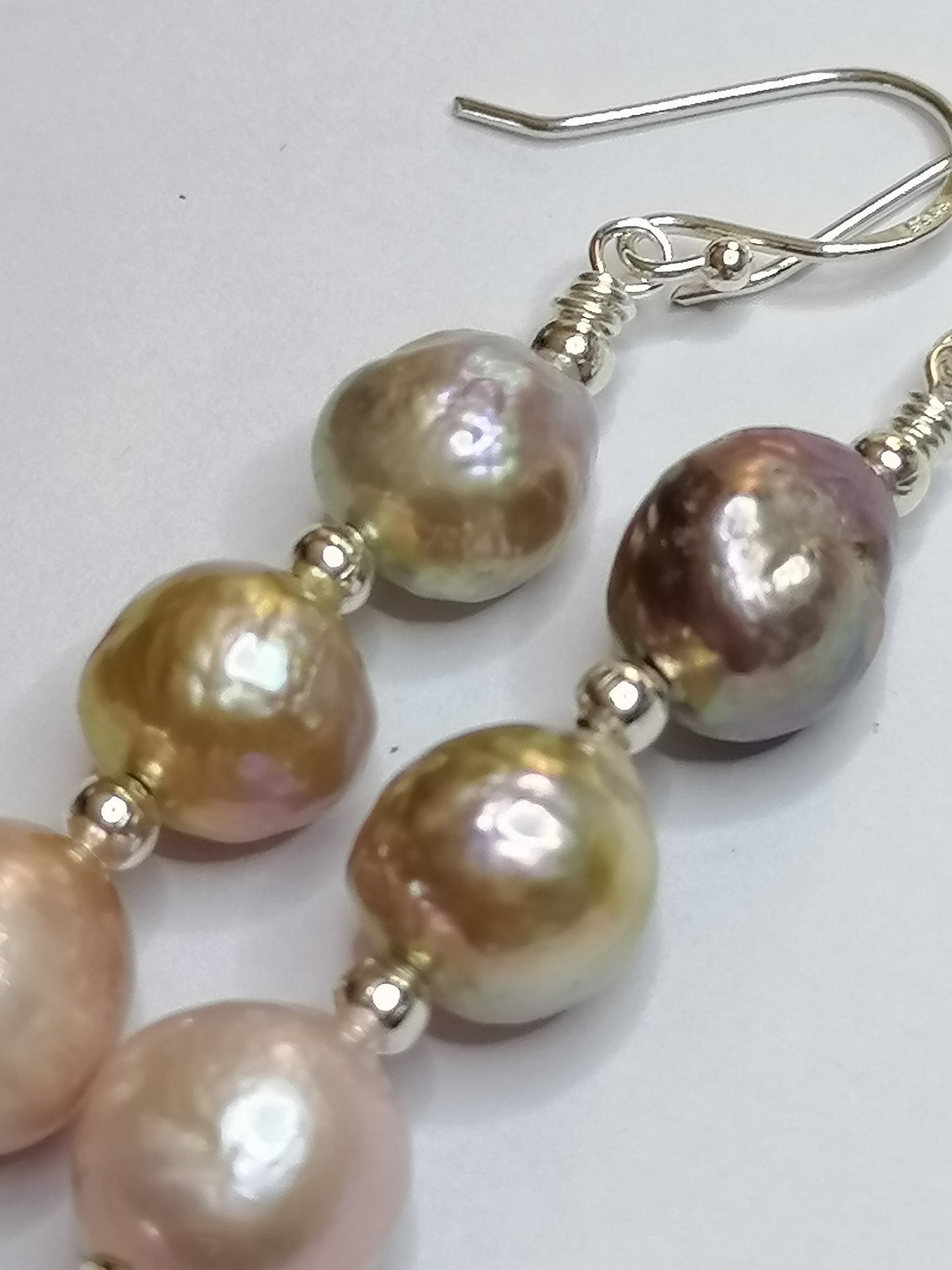 925 Sterling Silver Stacked Cultured Freshwater Kasumi Pearl Drop Earrings 924