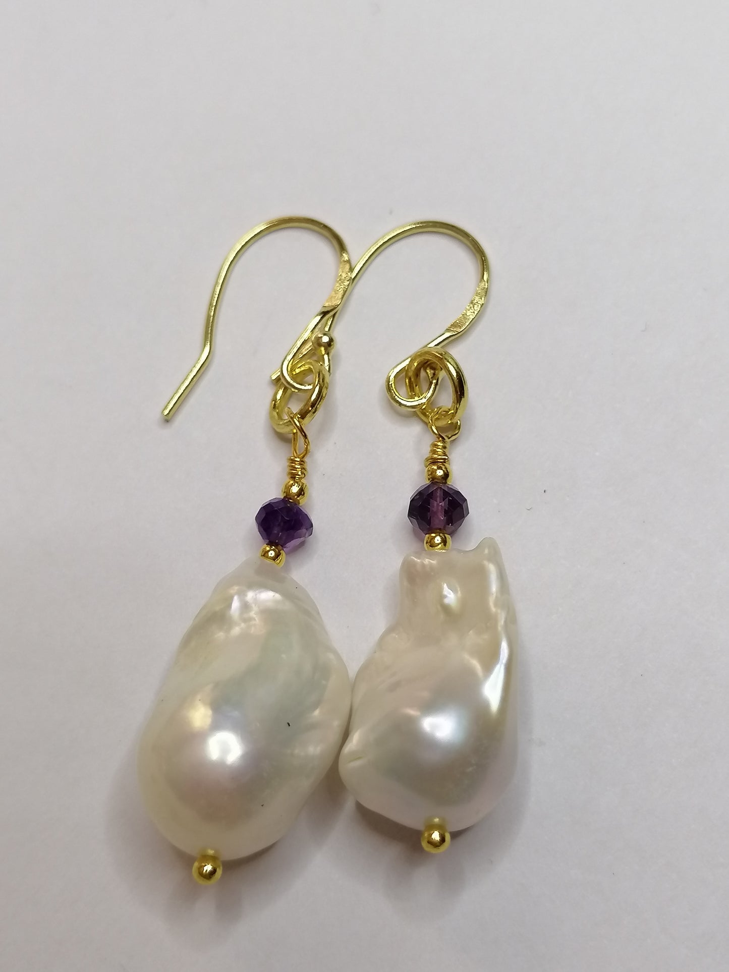 24ct Gold Vermeil 925 Sterling Silver Cultured Freshwater Pearl Earrings Baroque Flameball with Amethyst 828