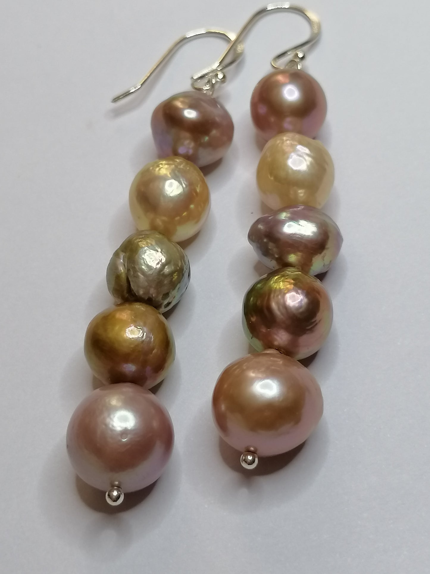 925 Sterling Silver Stacked Cultured Freshwater Kasumi Pearl Drop Earrings 910