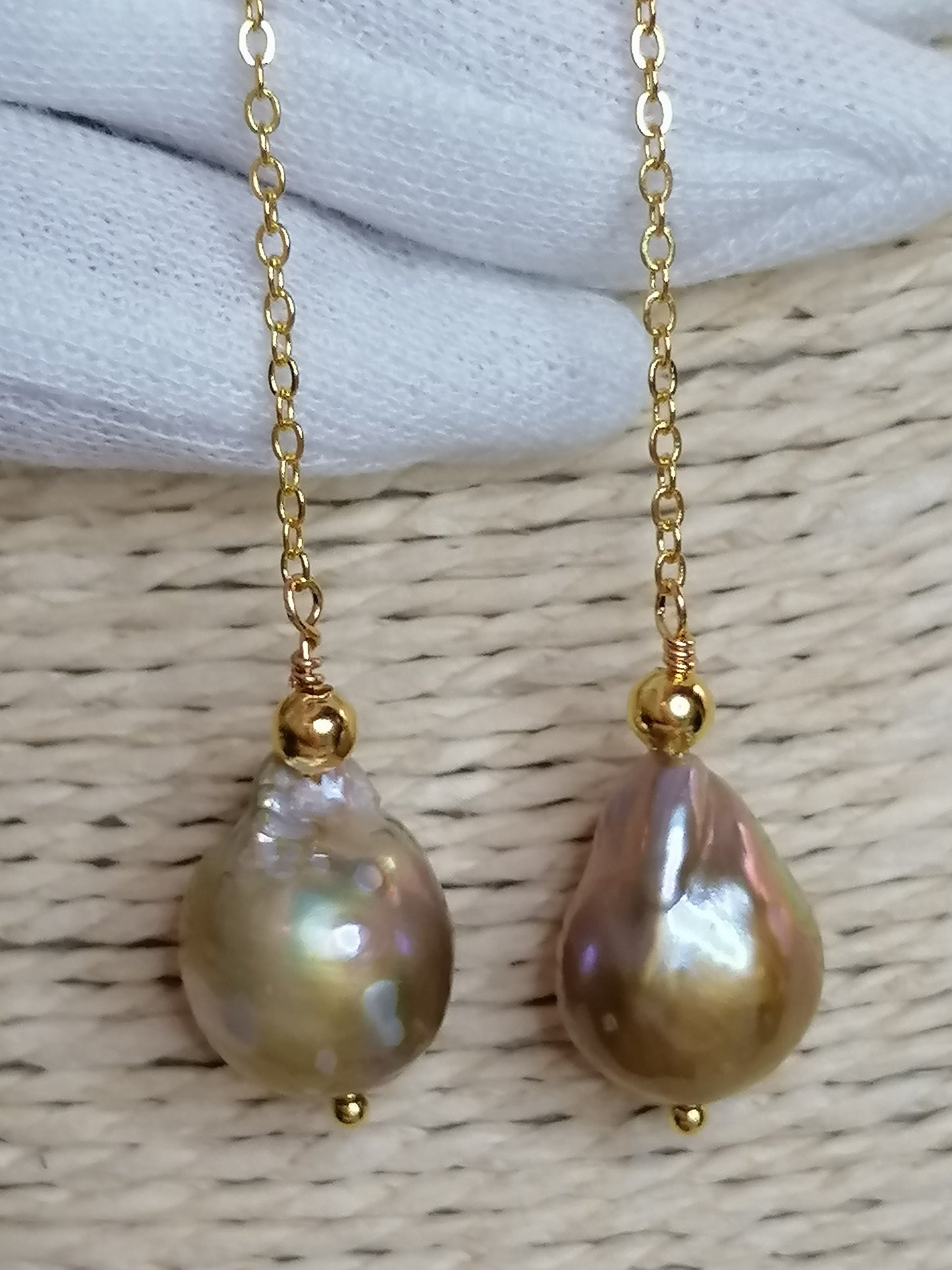 24ct Gold Vermeil 925 Sterling silver Cultured Freshwater Kasumi Pearl chain drop earrings 478