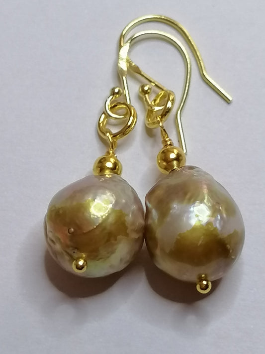 24ct Gold Vermeil 925 Sterling silver Cultured Freshwater Kasumi Pearl earrings 785