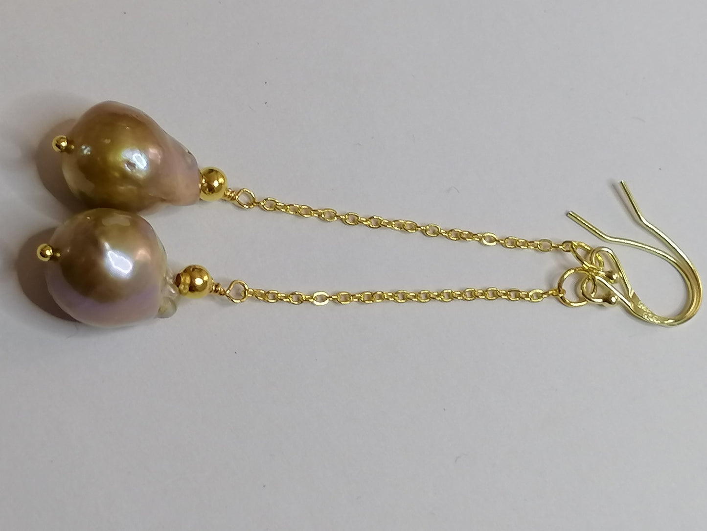 24ct Gold Vermeil 925 Sterling silver Cultured Freshwater Kasumi Pearl chain drop earrings 478