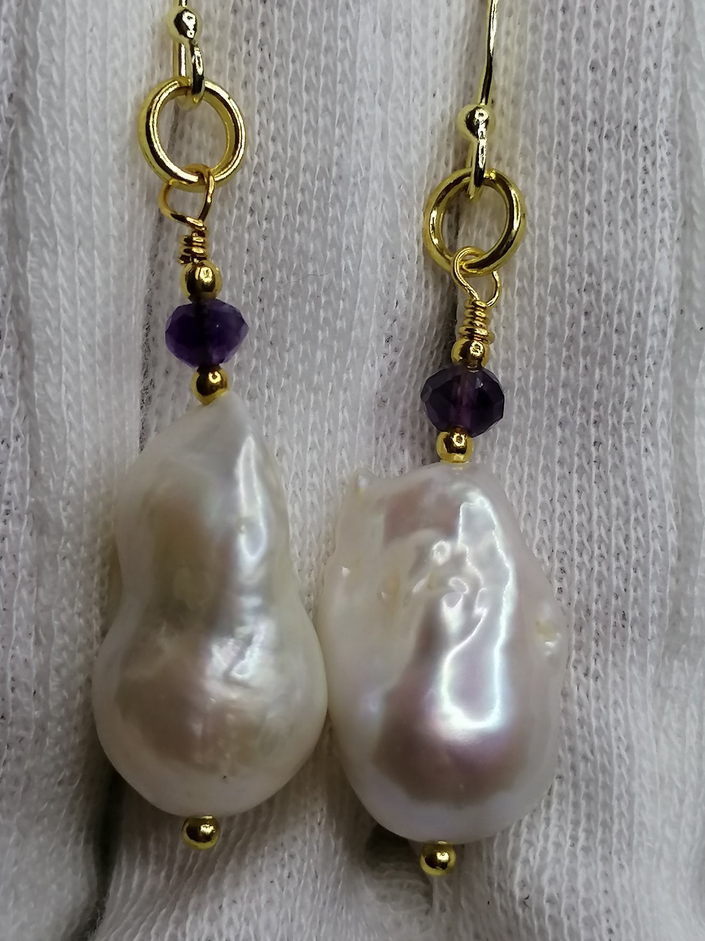 24ct Gold Vermeil 925 Sterling Silver Cultured Freshwater Pearl Earrings Baroque Flameball with Amethyst 828