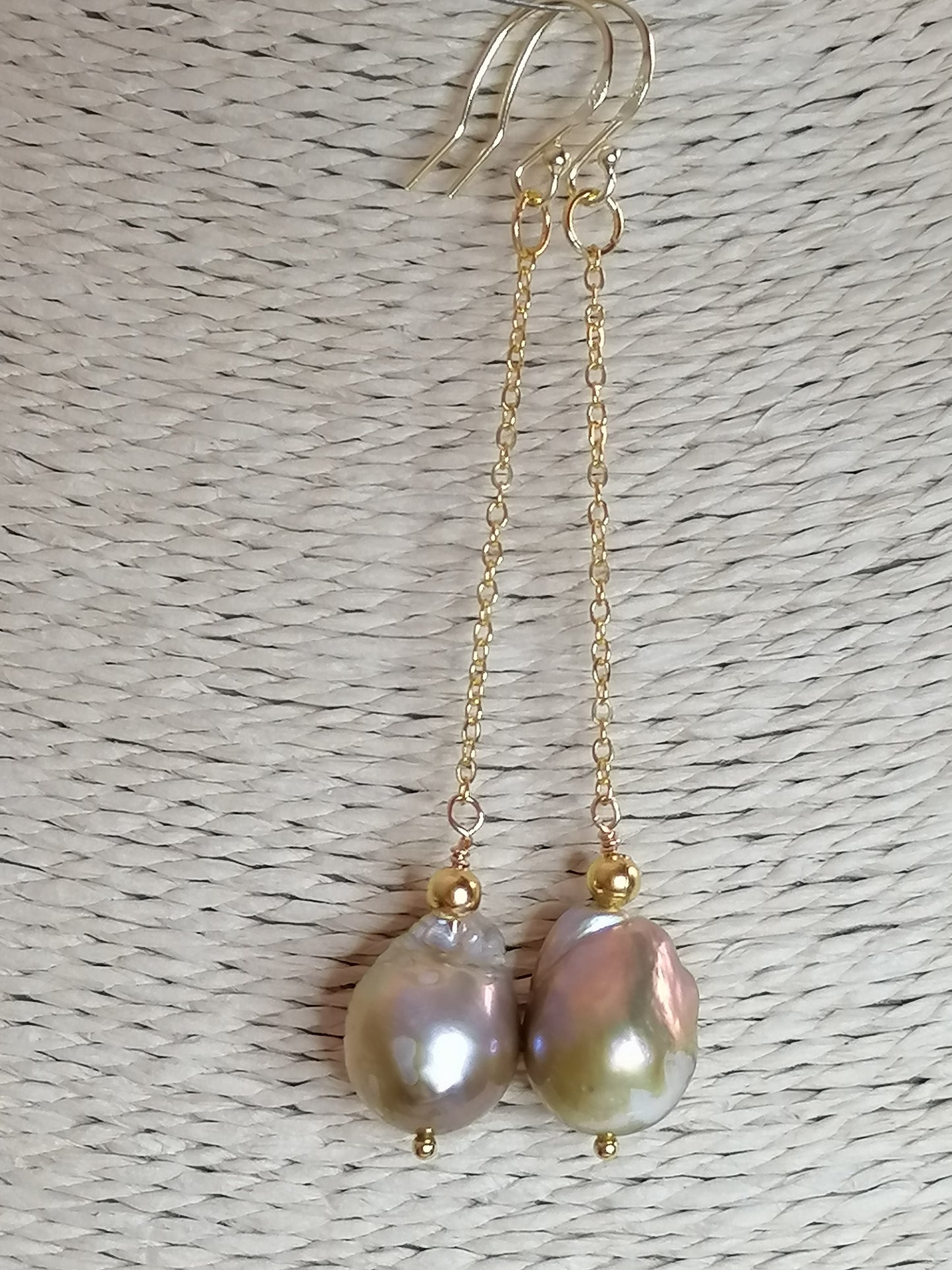 24ct Gold Vermeil 925 Sterling silver Cultured Freshwater Kasumi Pearl chain drop earrings 478