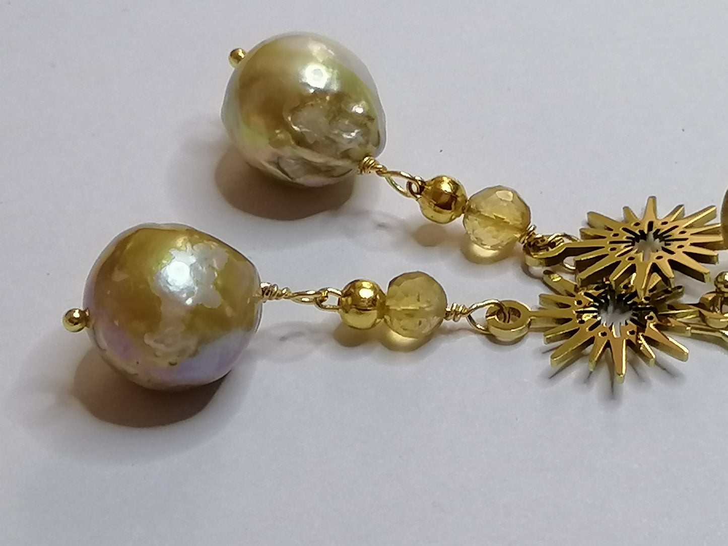 24ct Gold Vermeil 925 Sterling silver Cultured Freshwater Kasumi Pearl earrings Sunburst with Citrine 893