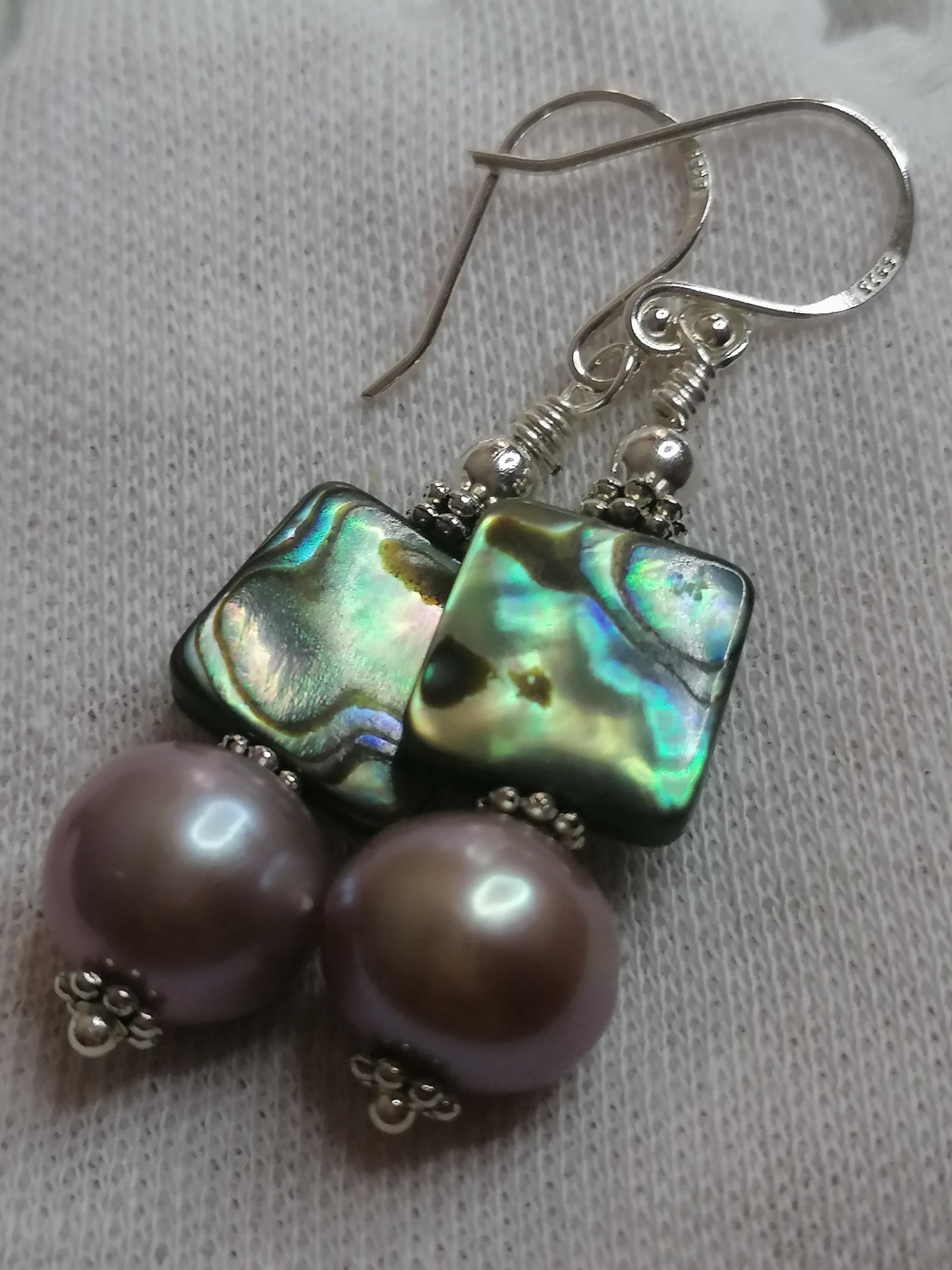 925 Sterling Silver Cultured Edison Pearl & Abalone Paua Shell Earrings 930